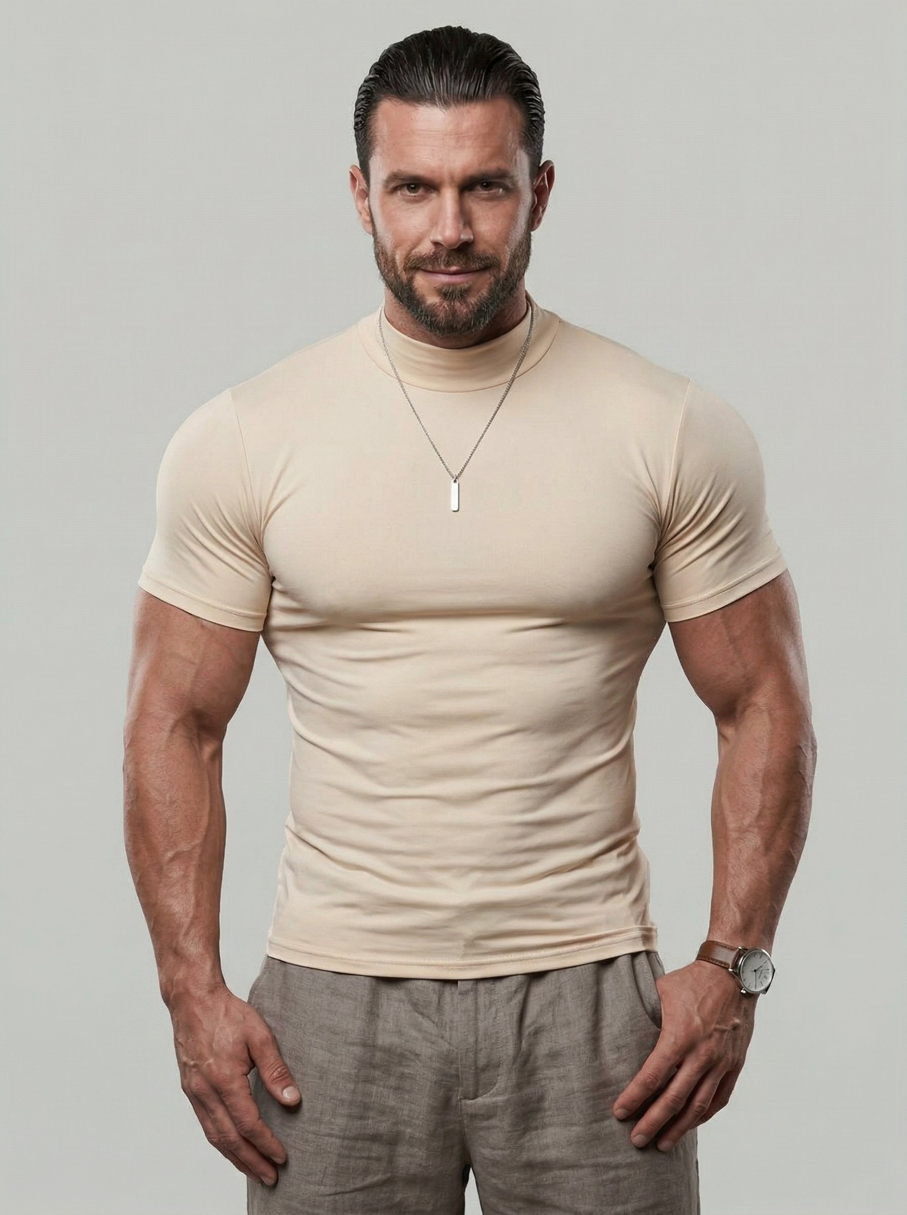 KZZ  Solid Color High Neck Tight-Fitting Short Sleeve T-Shirt