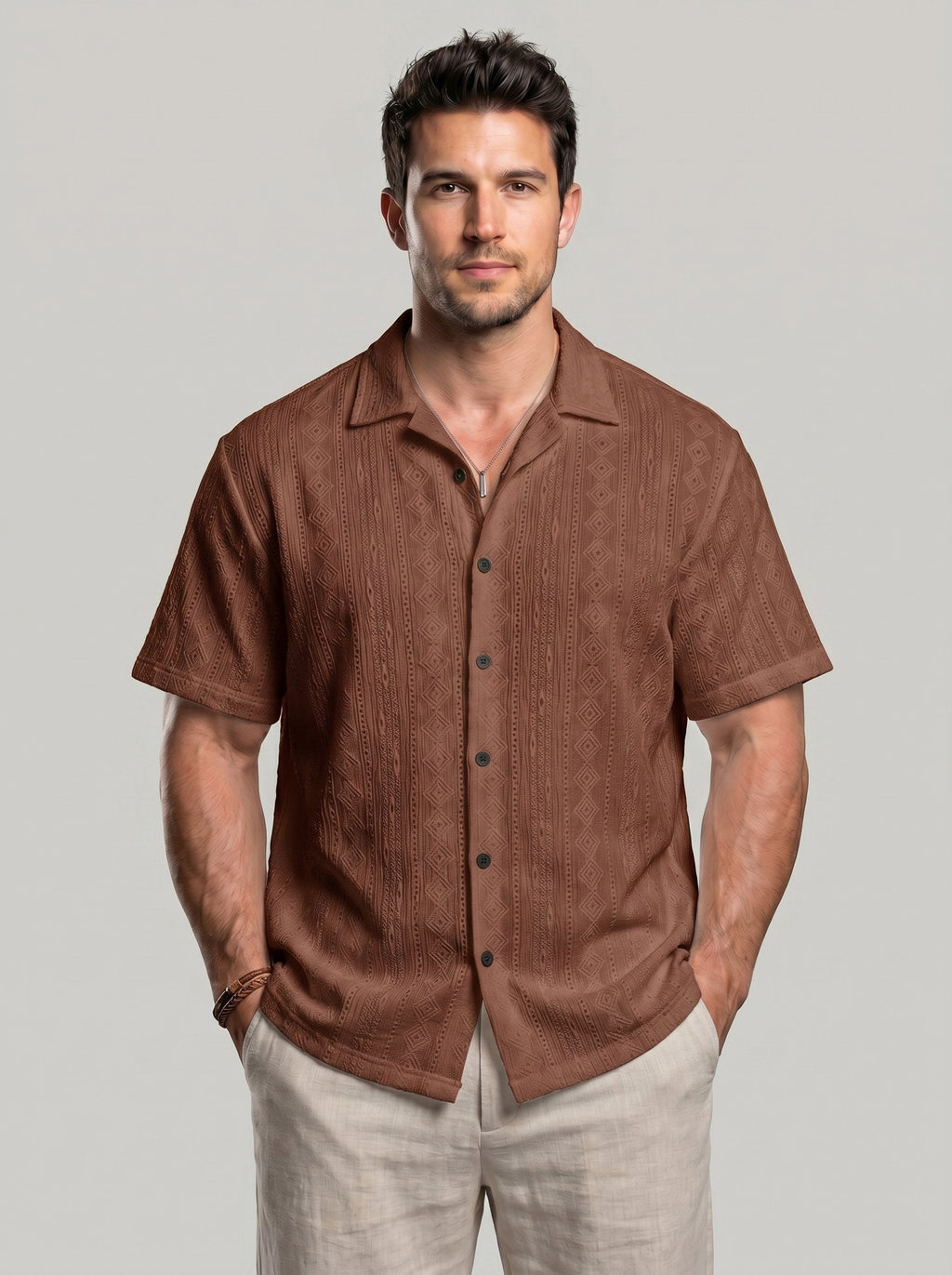 KZZ Men's Solid Coffee-Colored Short-Sleeve Shirt