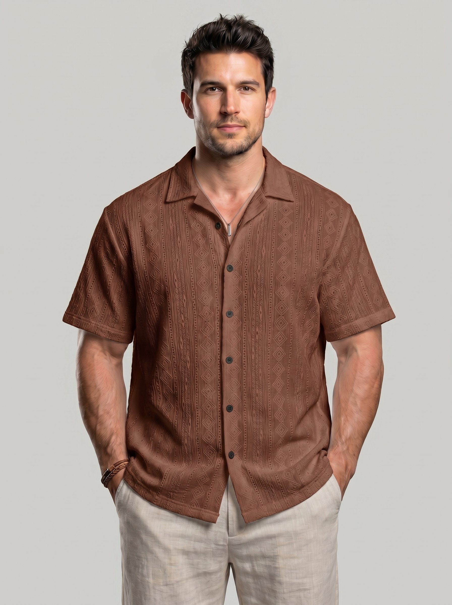 KZZ Men's Solid Coffee-Colored Short-Sleeve Shirt