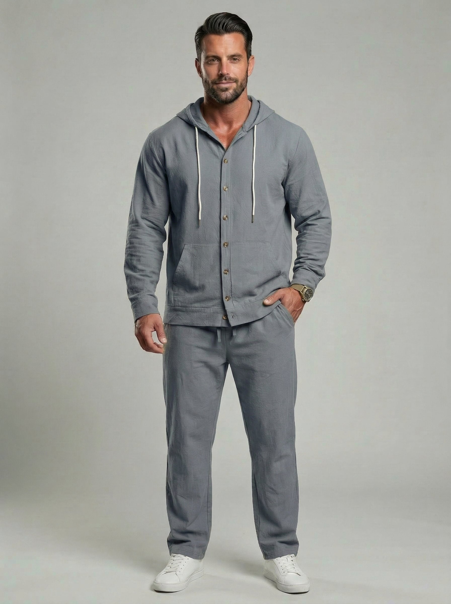 KZZ Men's Solid Button Down Shirt & Pants Linen Set