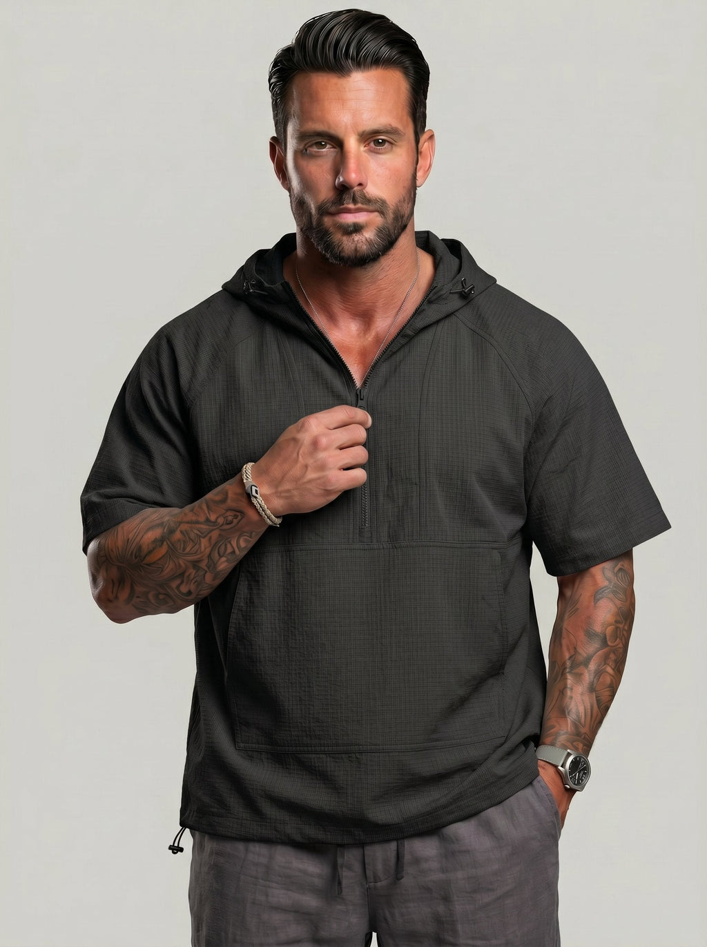 KZZ Trendy Half-Zip Short-Sleeve Top