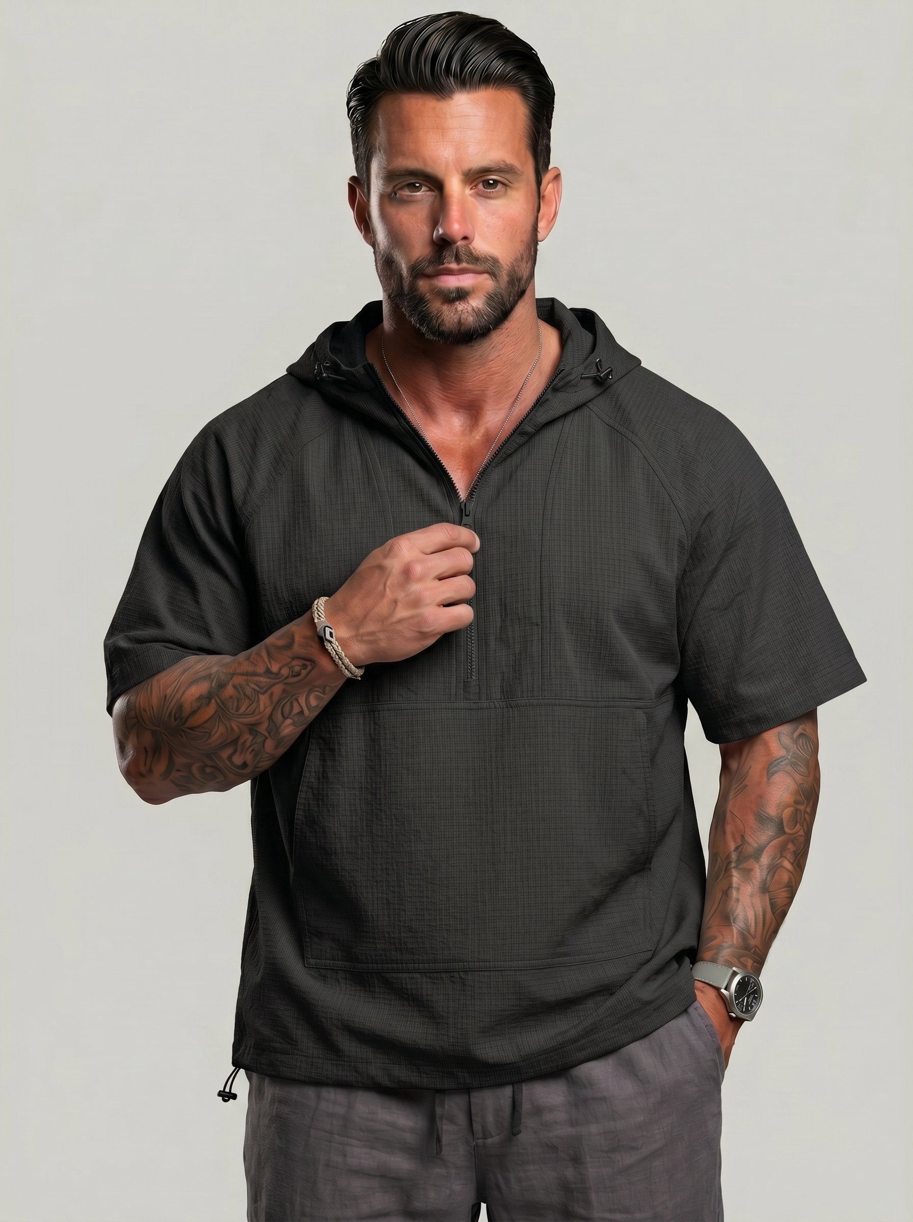 KZZ Trendy Half-Zip Short-Sleeve Top