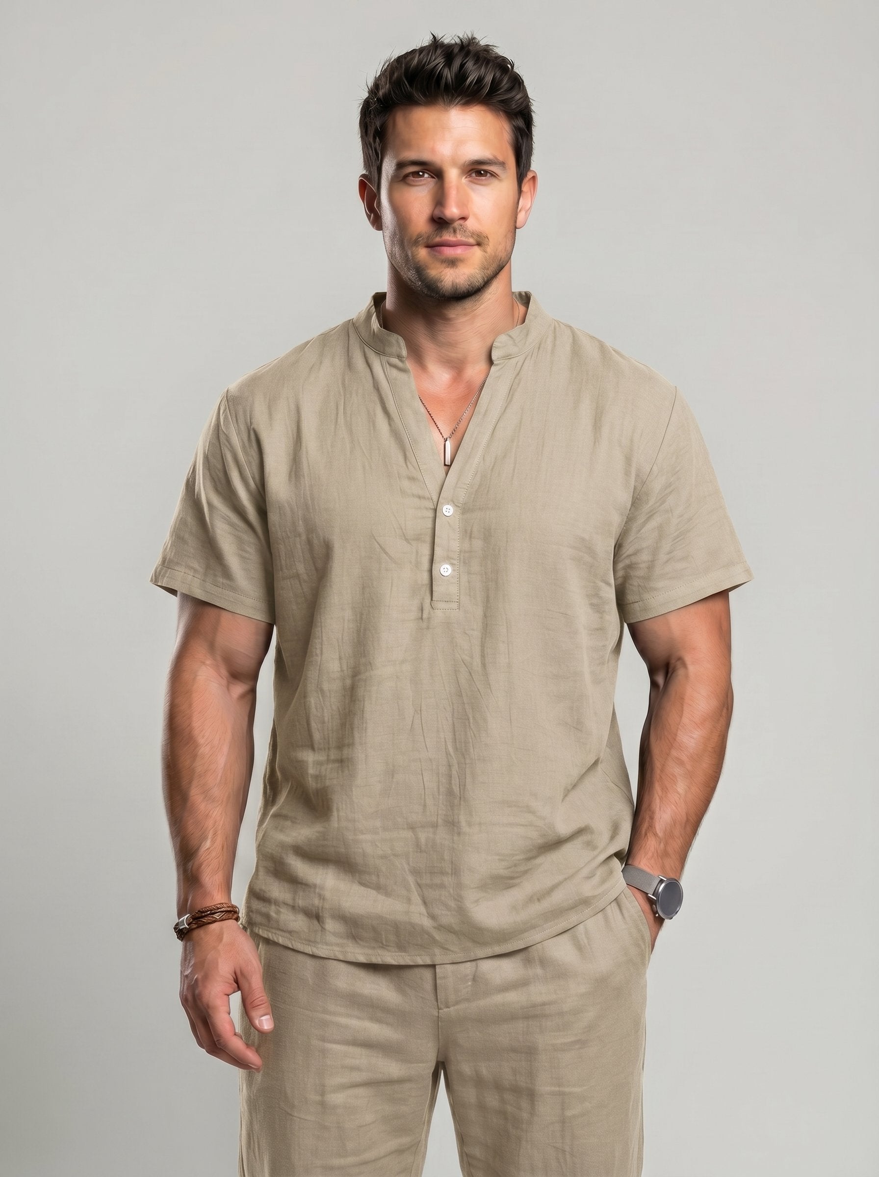 KZZ Men's Summer Short-Sleeve Linen Shirt