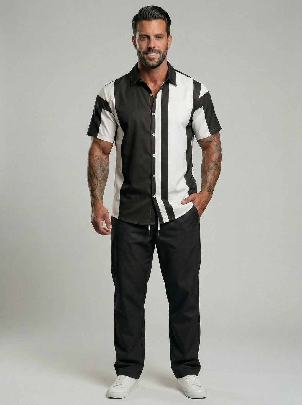 KZZ Men's Two-Piece Loungewear Set: Color-Block Printed Short-Sleeve Top and Long Pants