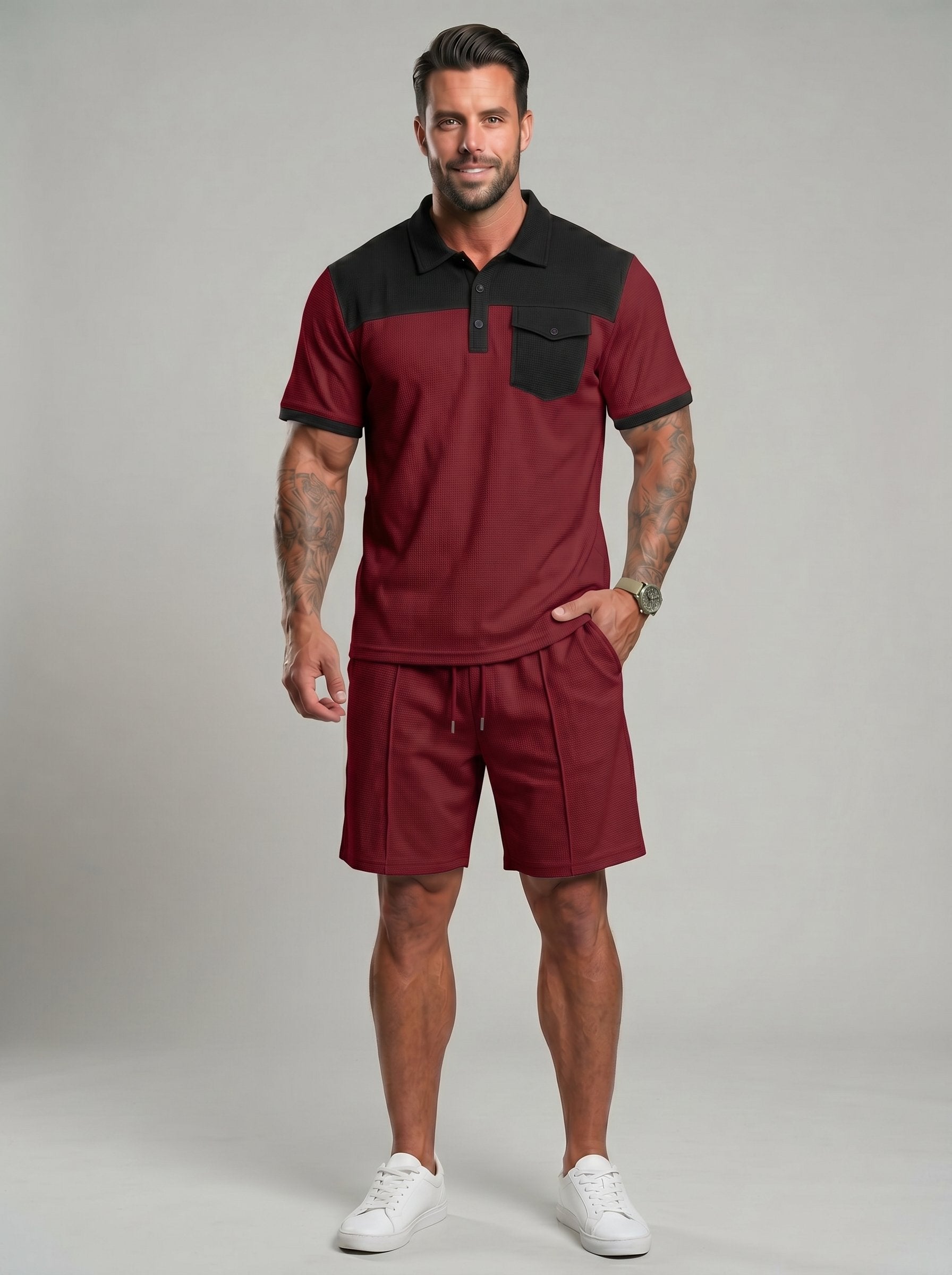 KZZ Men's Solid-Color Half-Zip Polo Shirt & Shorts Two-Piece Set