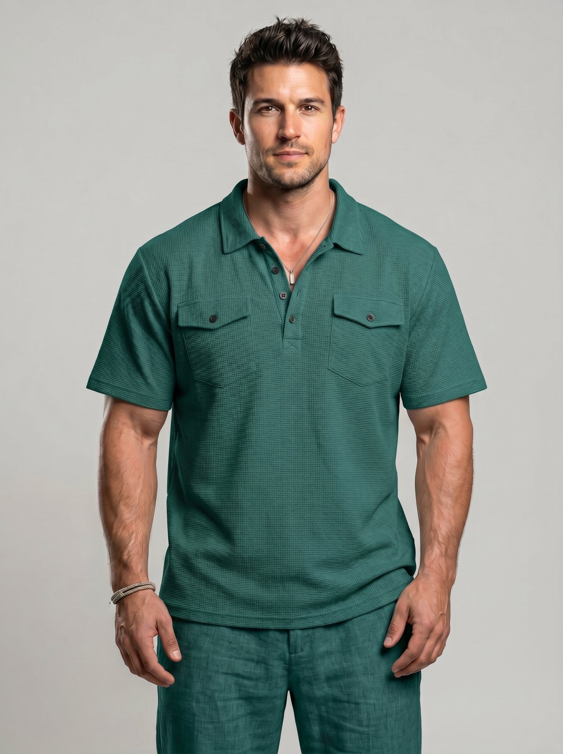 KZZ Men's Business-Casual Athletic-Style Waffle-Knit Solid-Color Short-Sleeve Polo Shirt
