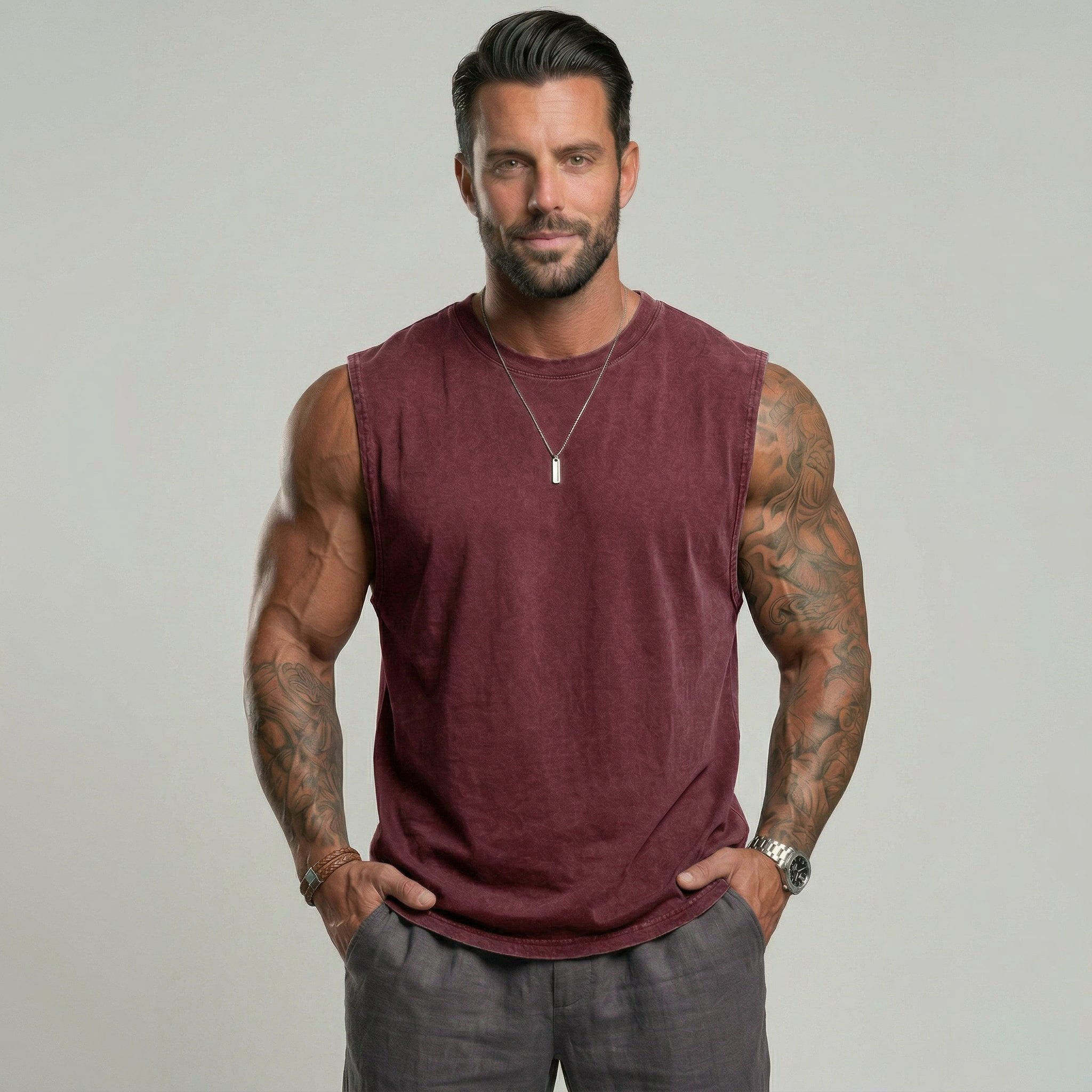 KZZ Men's Washed Sleeveless Fitted Casual Plain Vest