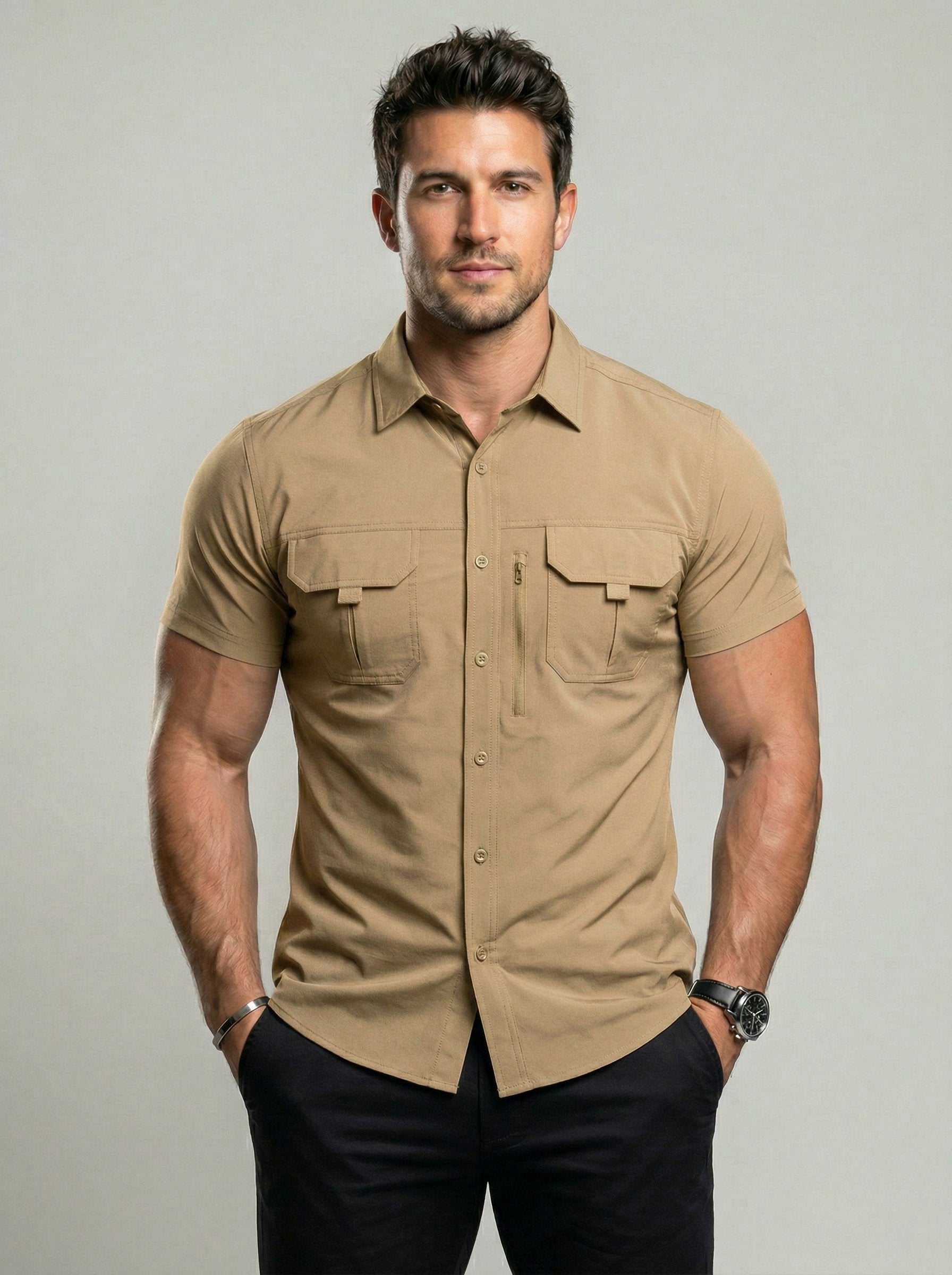 KZZ Men's American-Style Solid Color Shirt