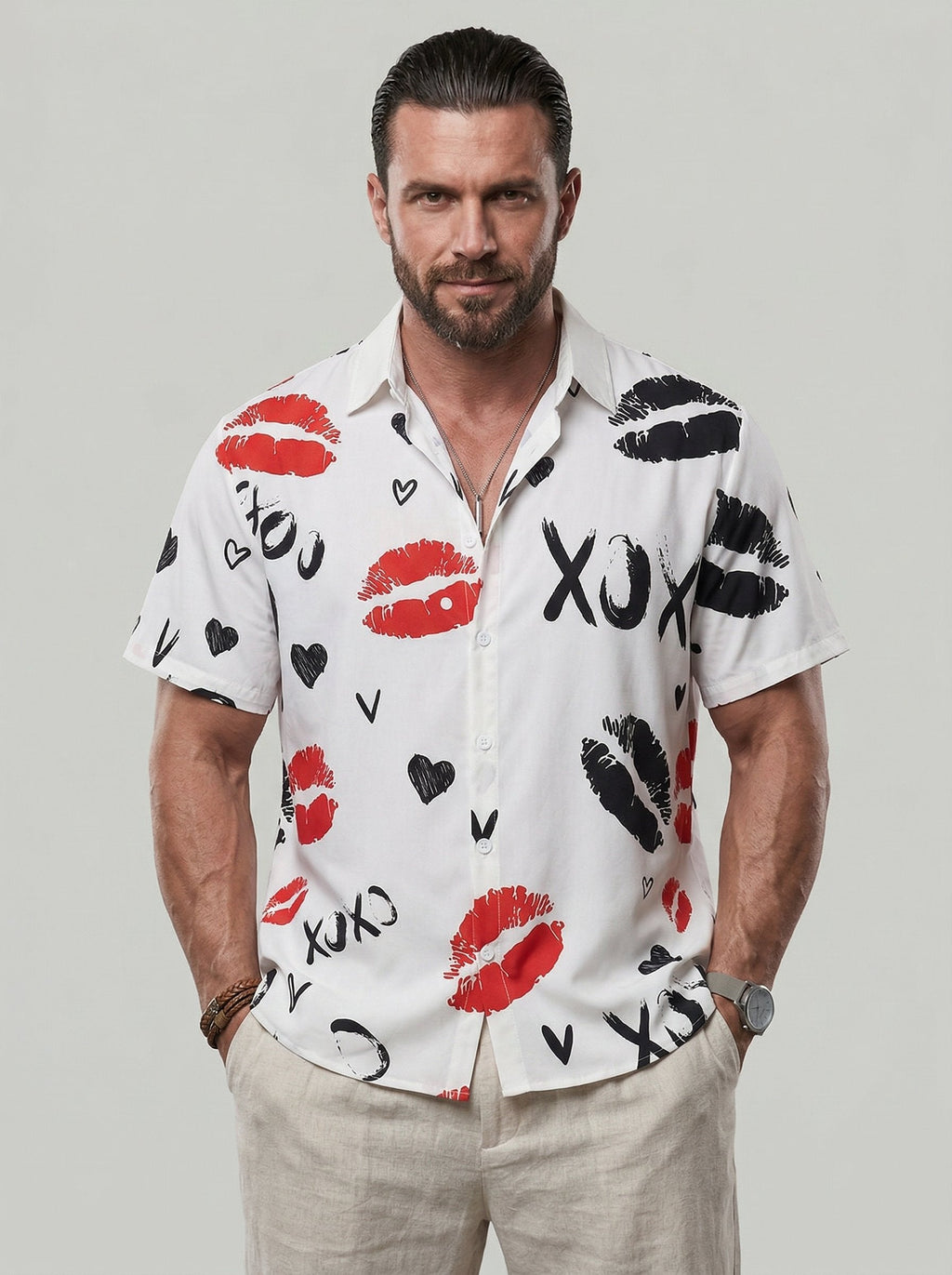 KZZ Fashion lip print white collared shirt
