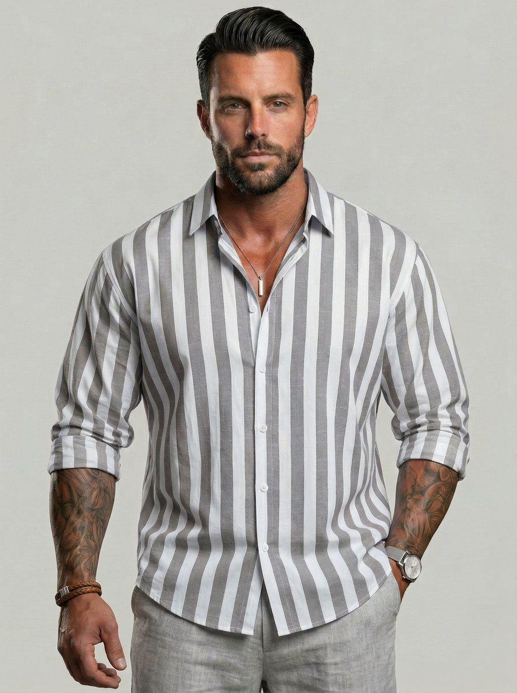 KZZ Men's Striped Print Long Sleeve Dress Shirt