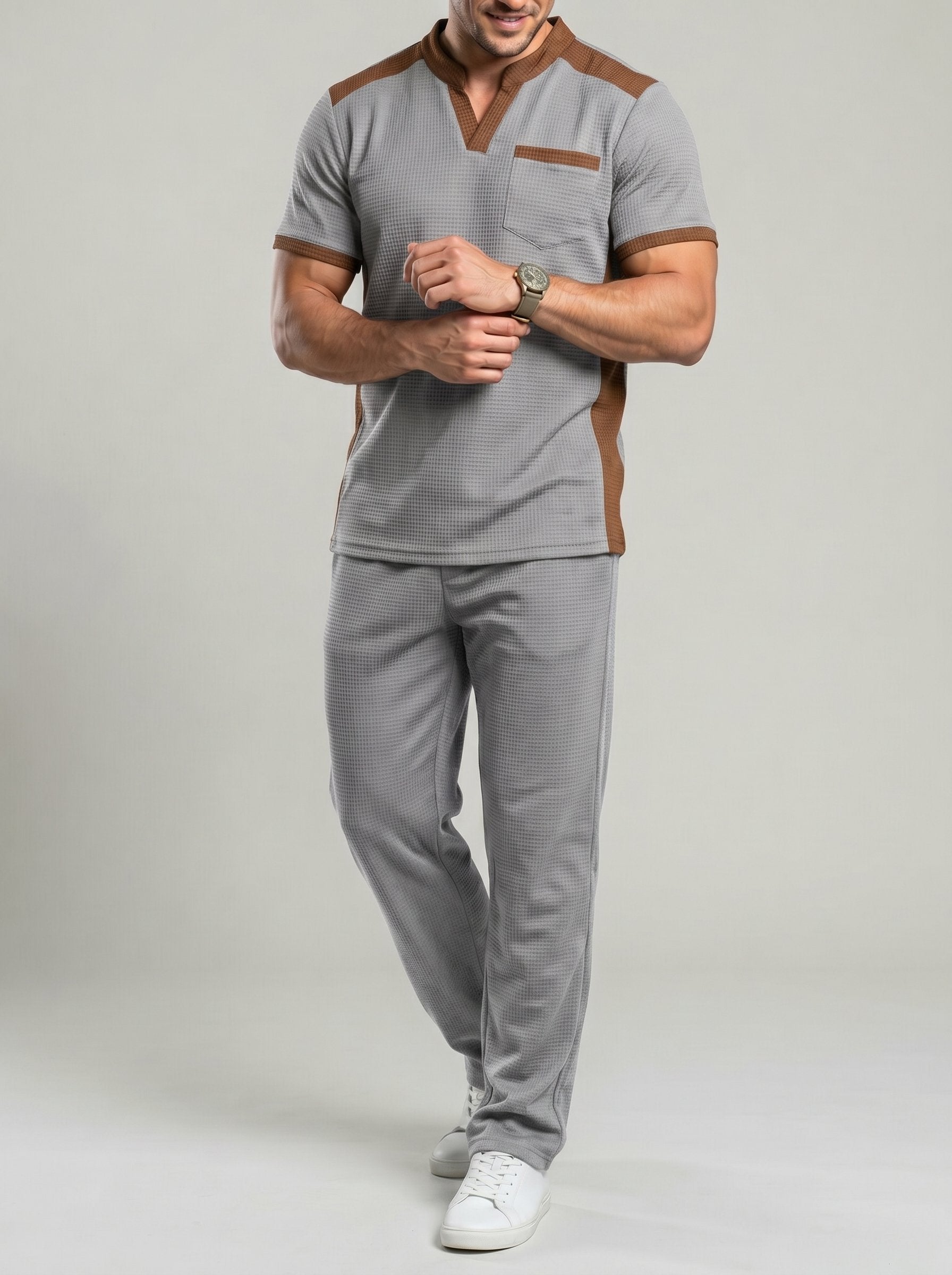 KZZ Men's Business Casual Color-Block Waffle-Knit V-Neck Short-Sleeve Shirt and Trousers Set