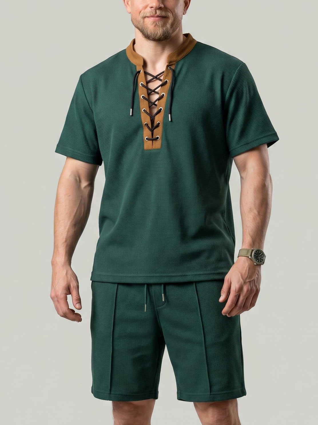 KZZ Men's Solid-Color Short-Sleeve Lace-Up Shirt and Shorts