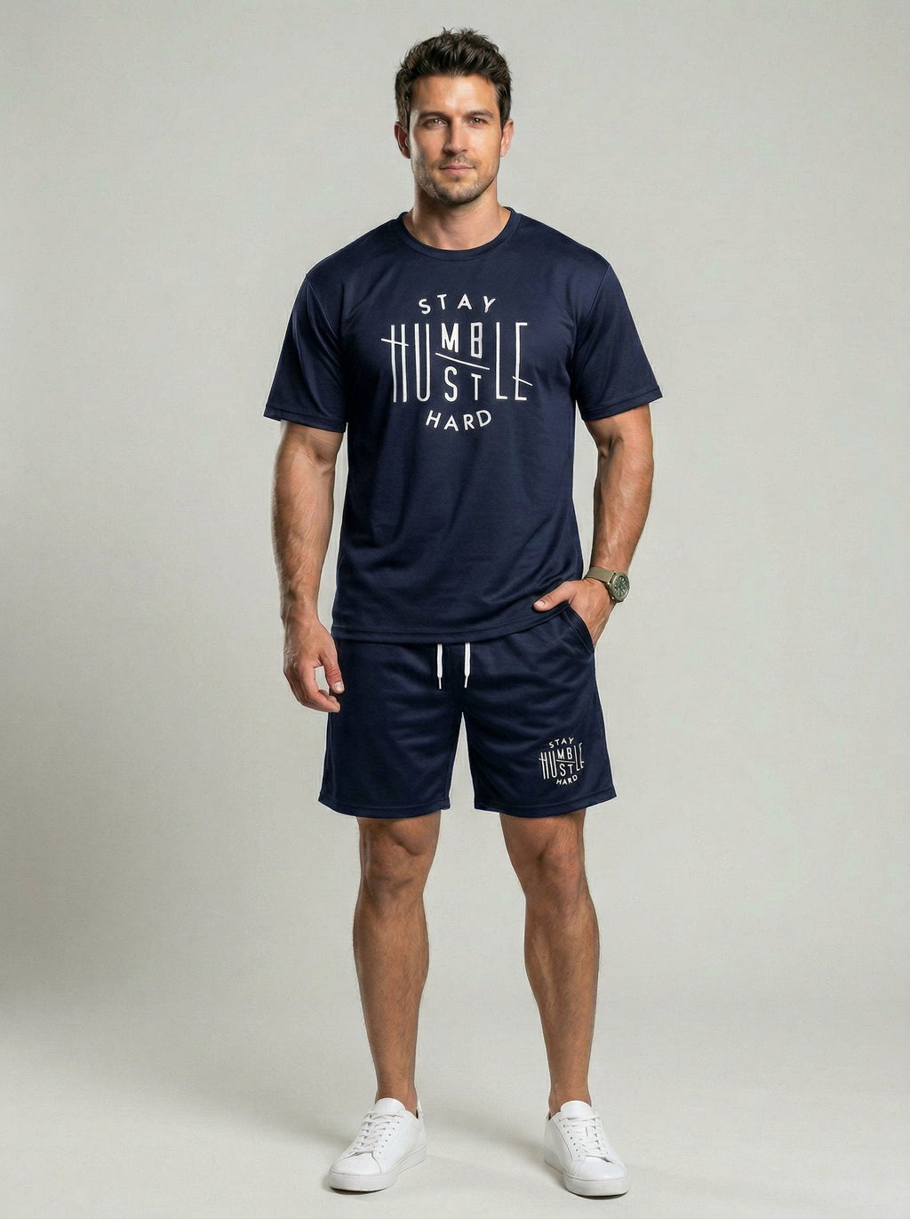 KZZ Men's  Letter Print Round Neck Shortsleeve Tee & Drawstring Waist Shorts Set