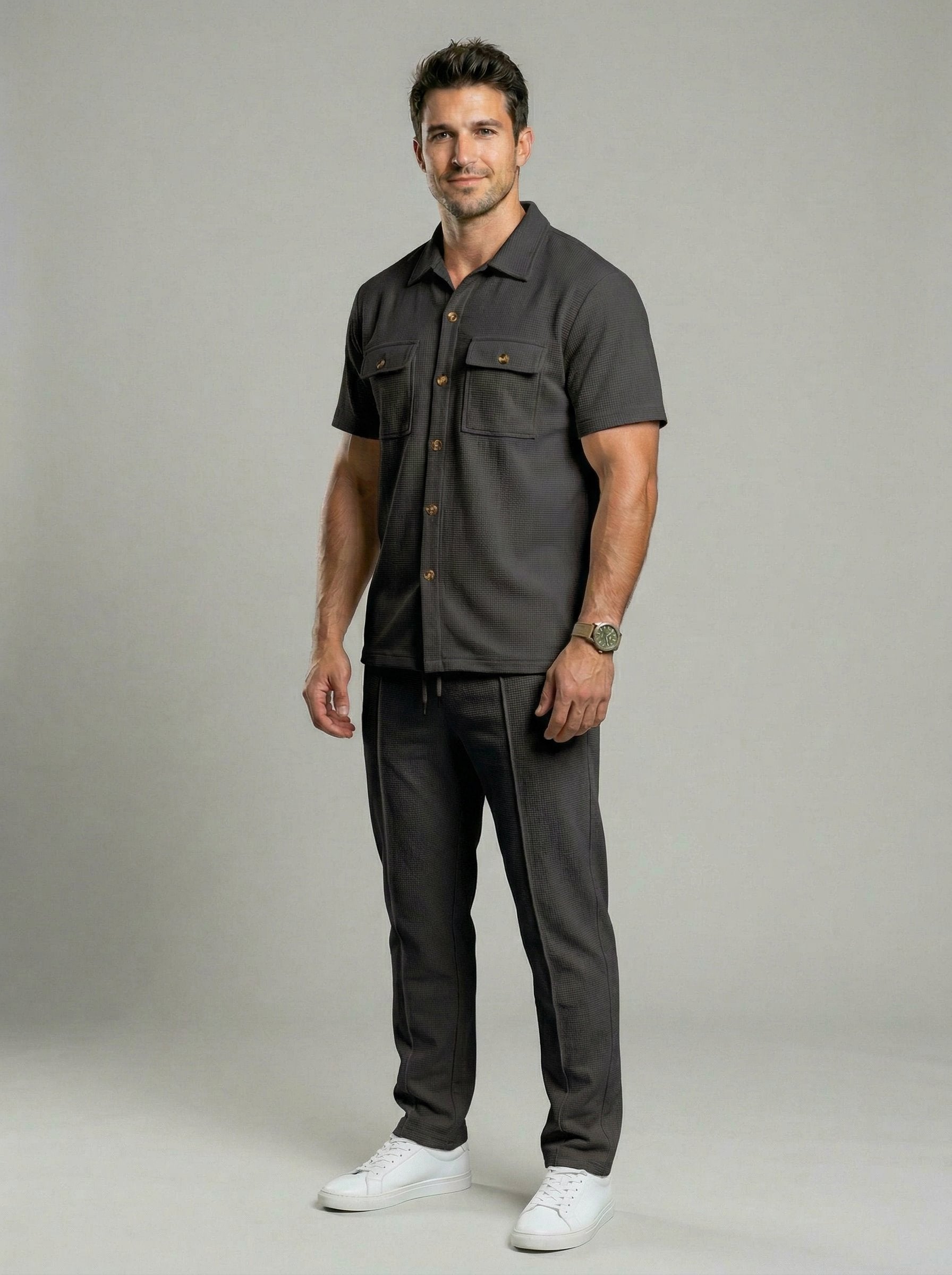 KZZ Solid-Color Button-Down Shirt and Trousers Set
