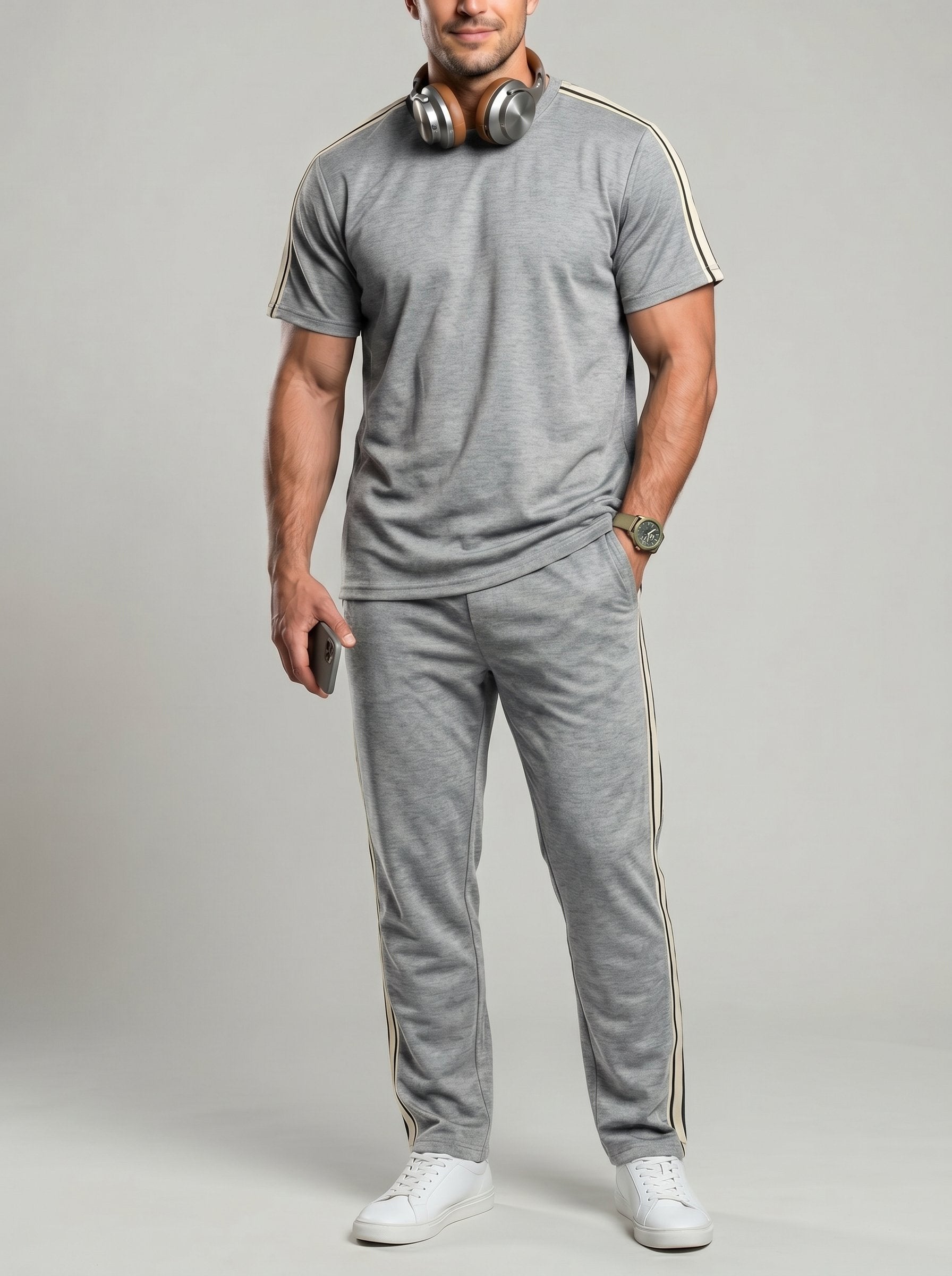 KZZ Men's Solid-Color T-Shirt and Drawstring-Waist Trousers Two-Piece Set