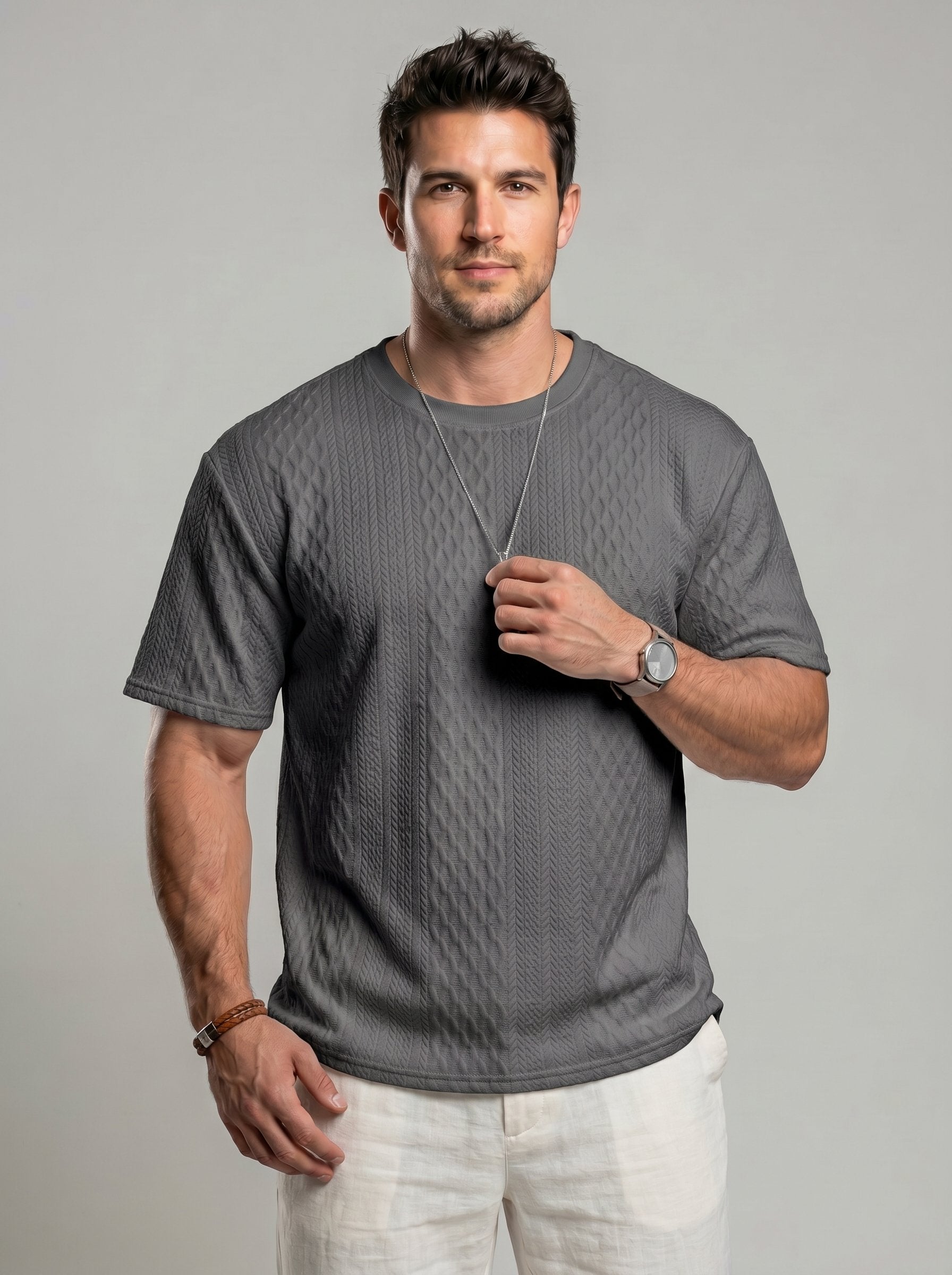 KZZ Men's Spring/Summer Solid-Color Short-Sleeve T-Shirt with Textured Fabric