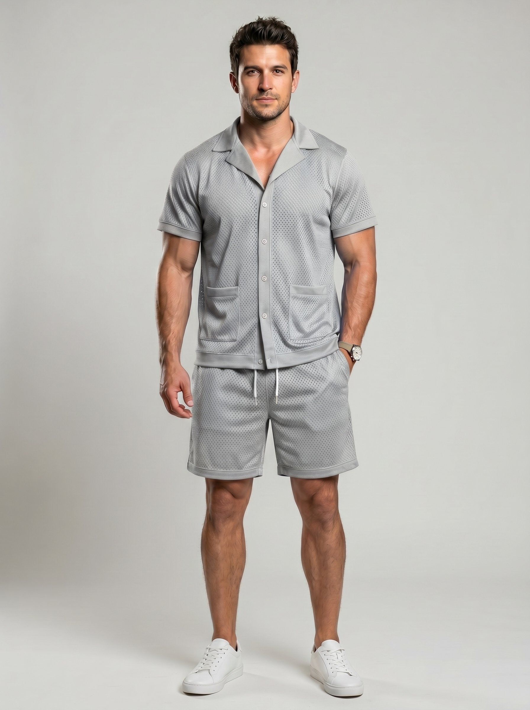 KZZ Men's Solid Color Hollow-Out Short-Sleeve Shirt and Shorts Set