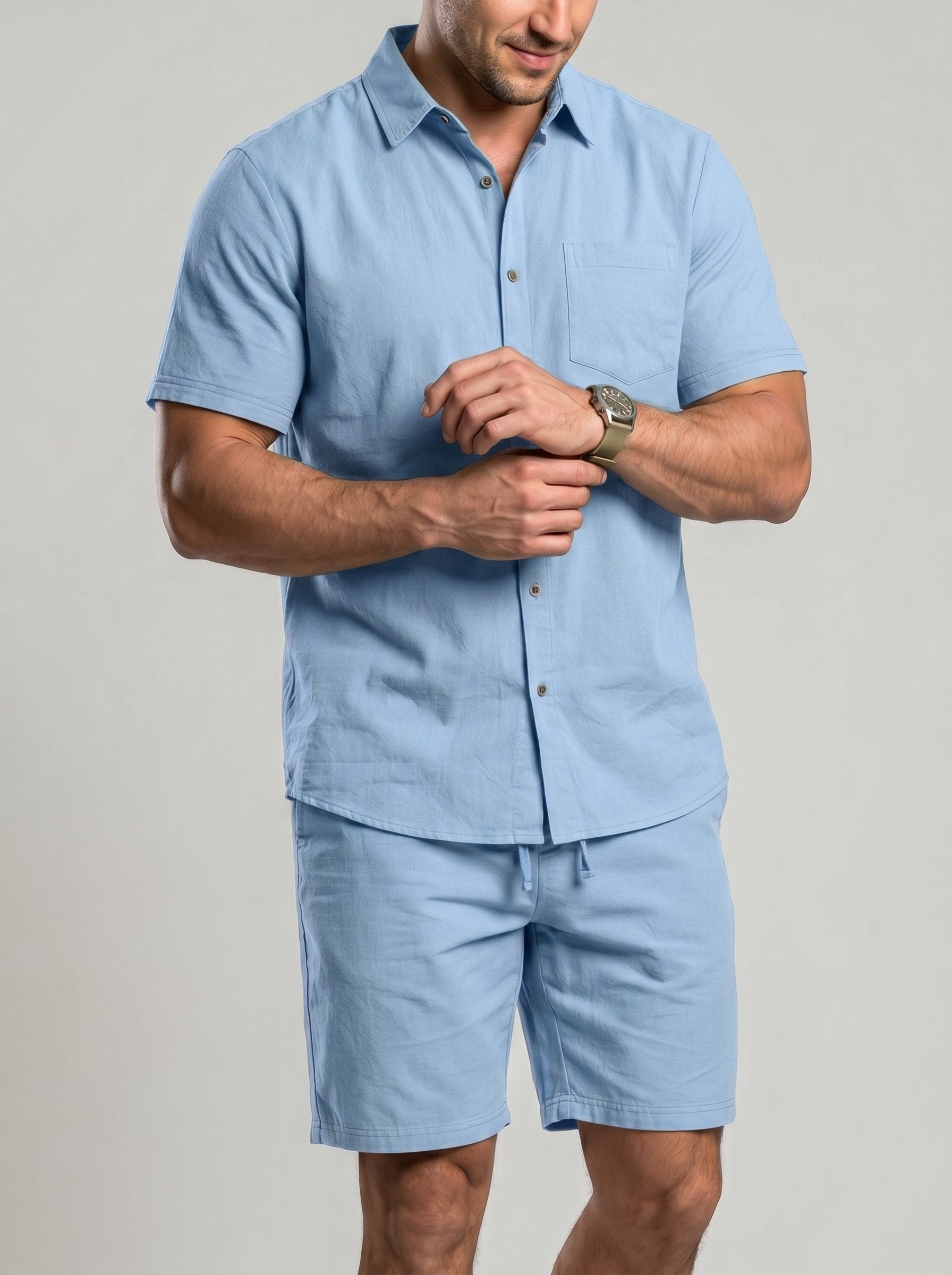 KZZ Men's Solid-Color Linen Shirt and Shorts Set