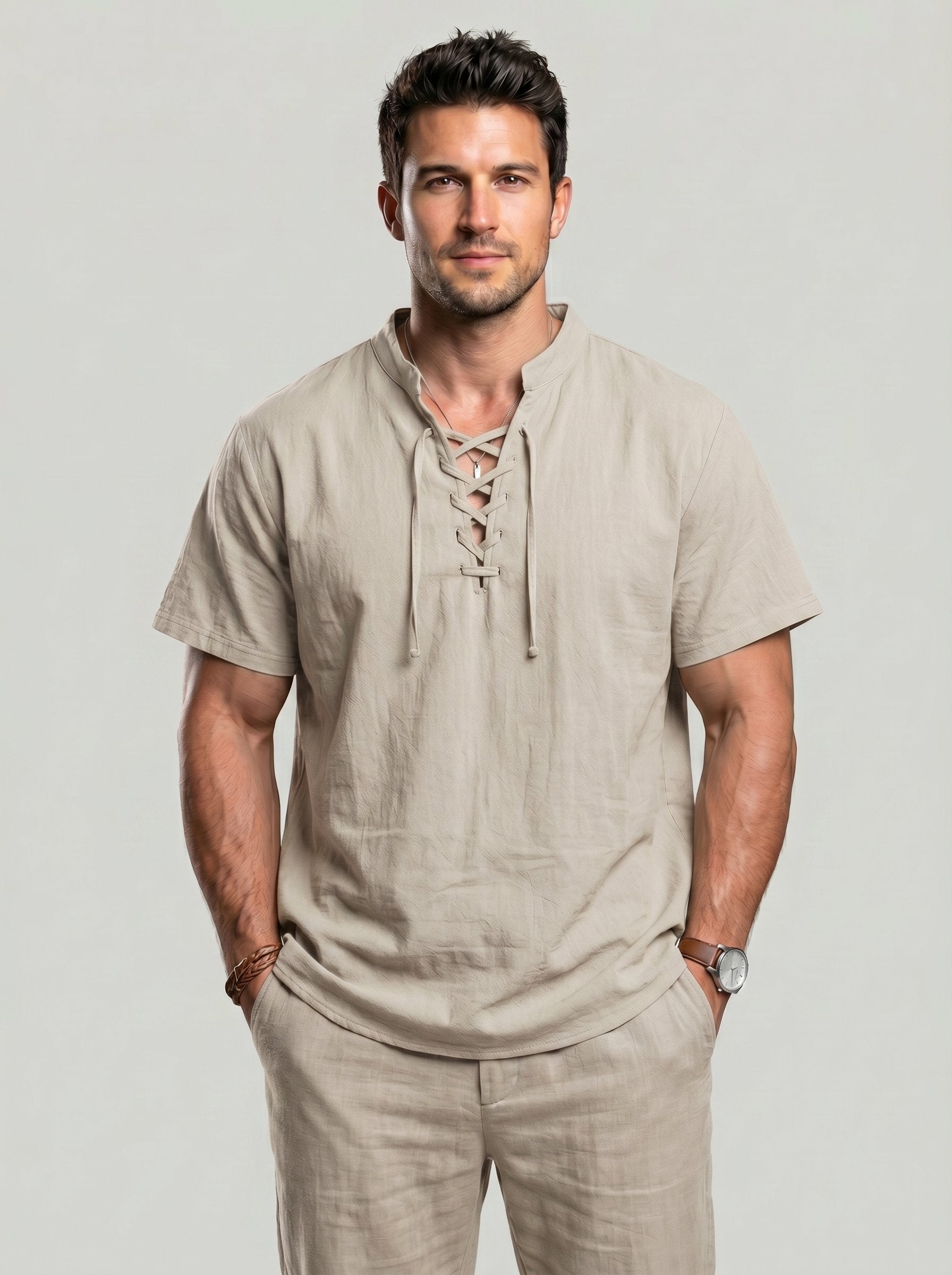 KZZ Men's summer linen stand-up collar short-sleeved shirt