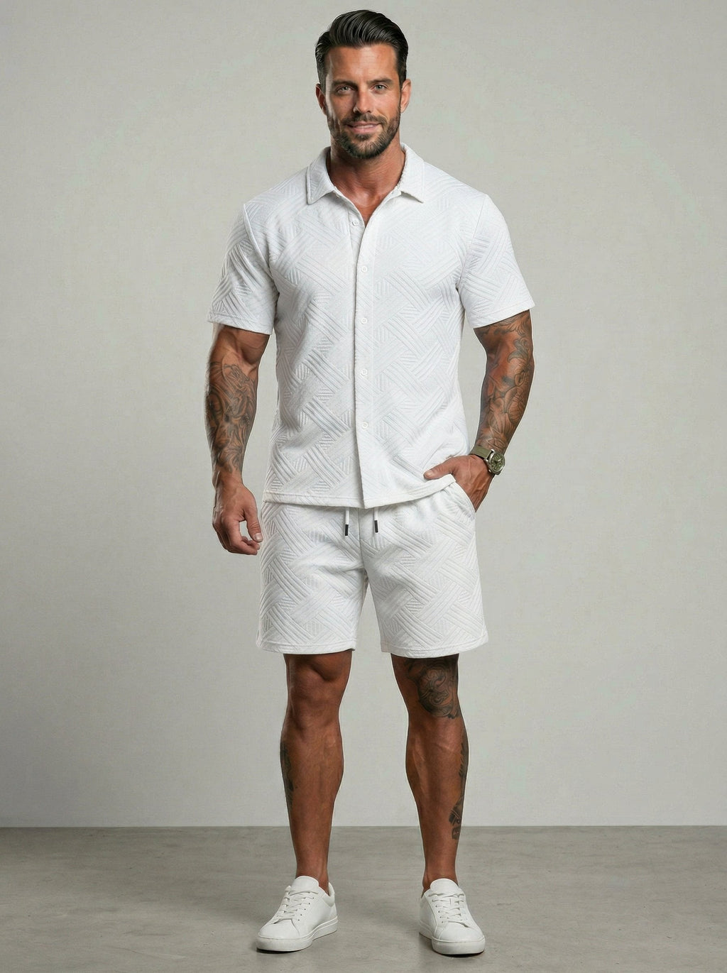 KZZ Short-sleeve button-down shirt and drawstring shorts