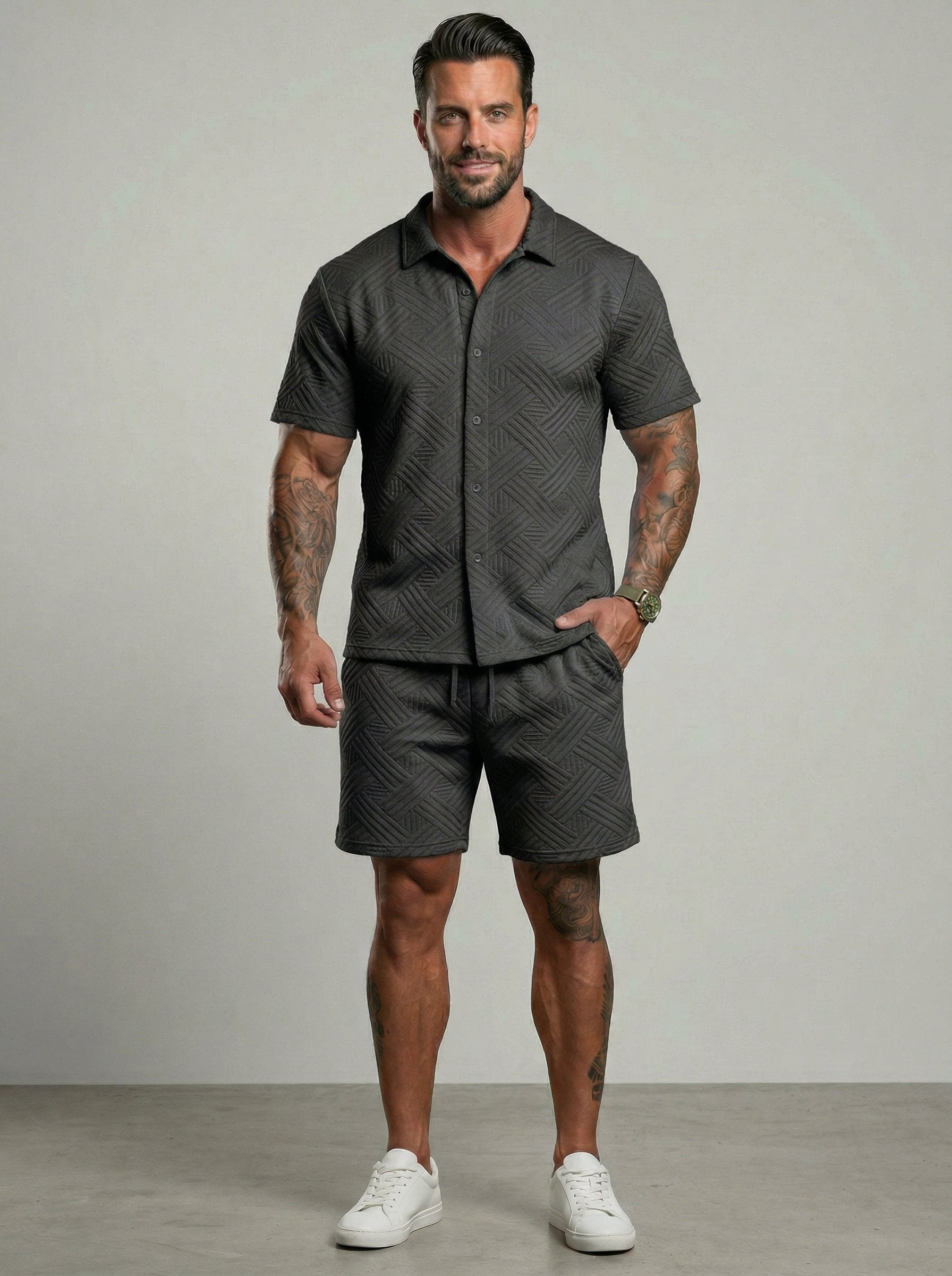 KZZ Short-sleeve button-down shirt and drawstring shorts