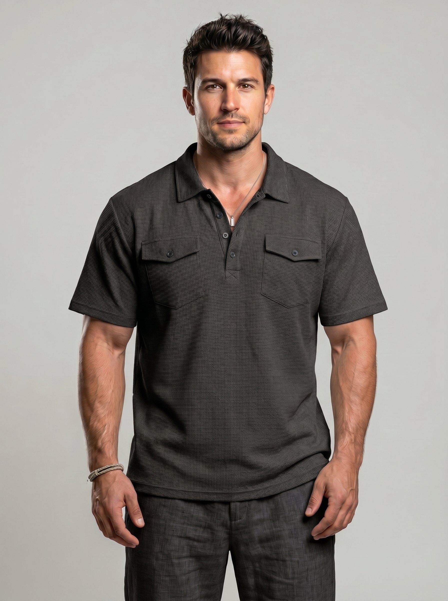 KZZ Men's Business-Casual Athletic-Style Waffle-Knit Solid-Color Short-Sleeve Polo Shirt