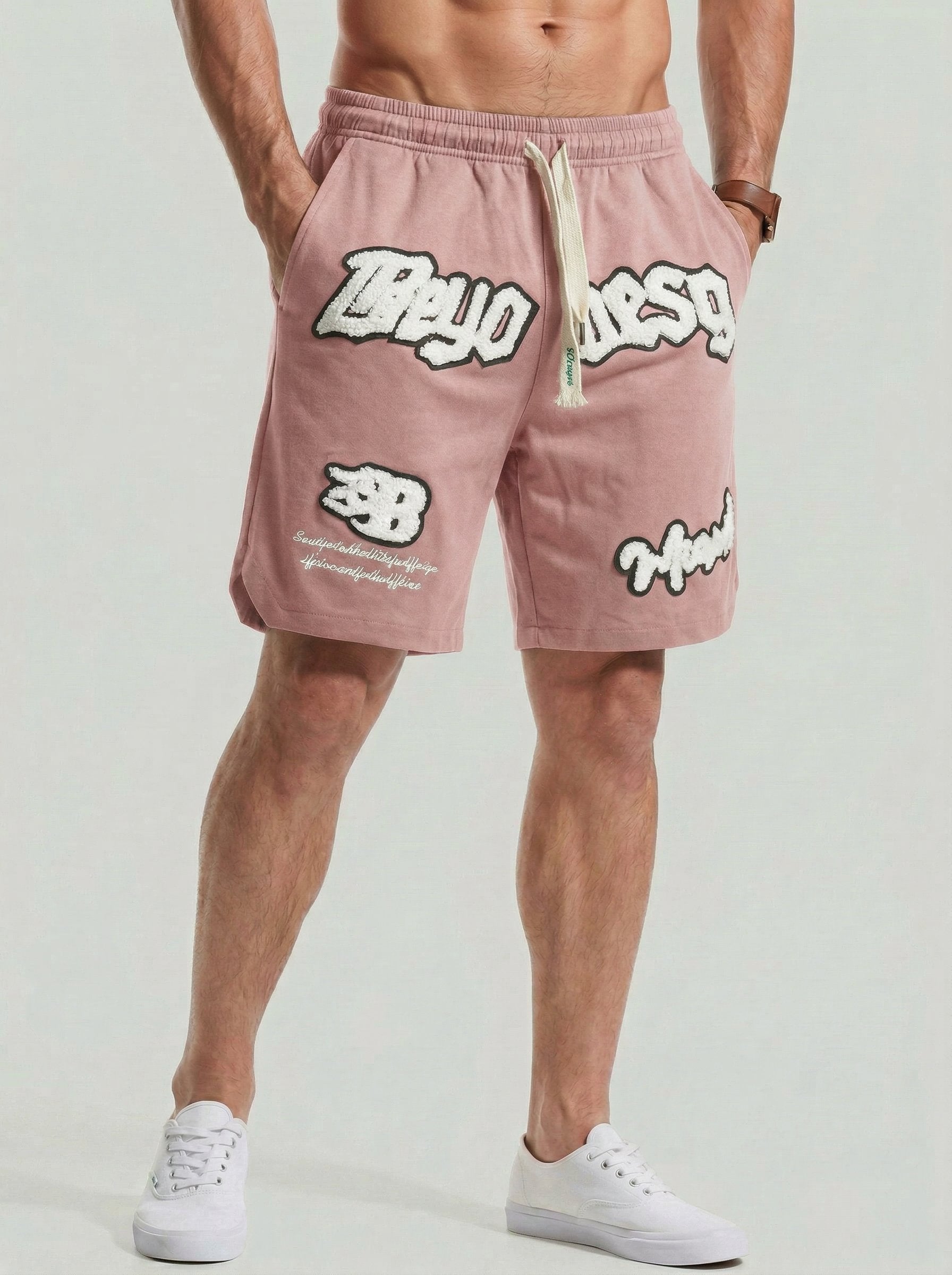 KZZ Men's Letter Embroidery Patched Drawstring Waist  Shorts