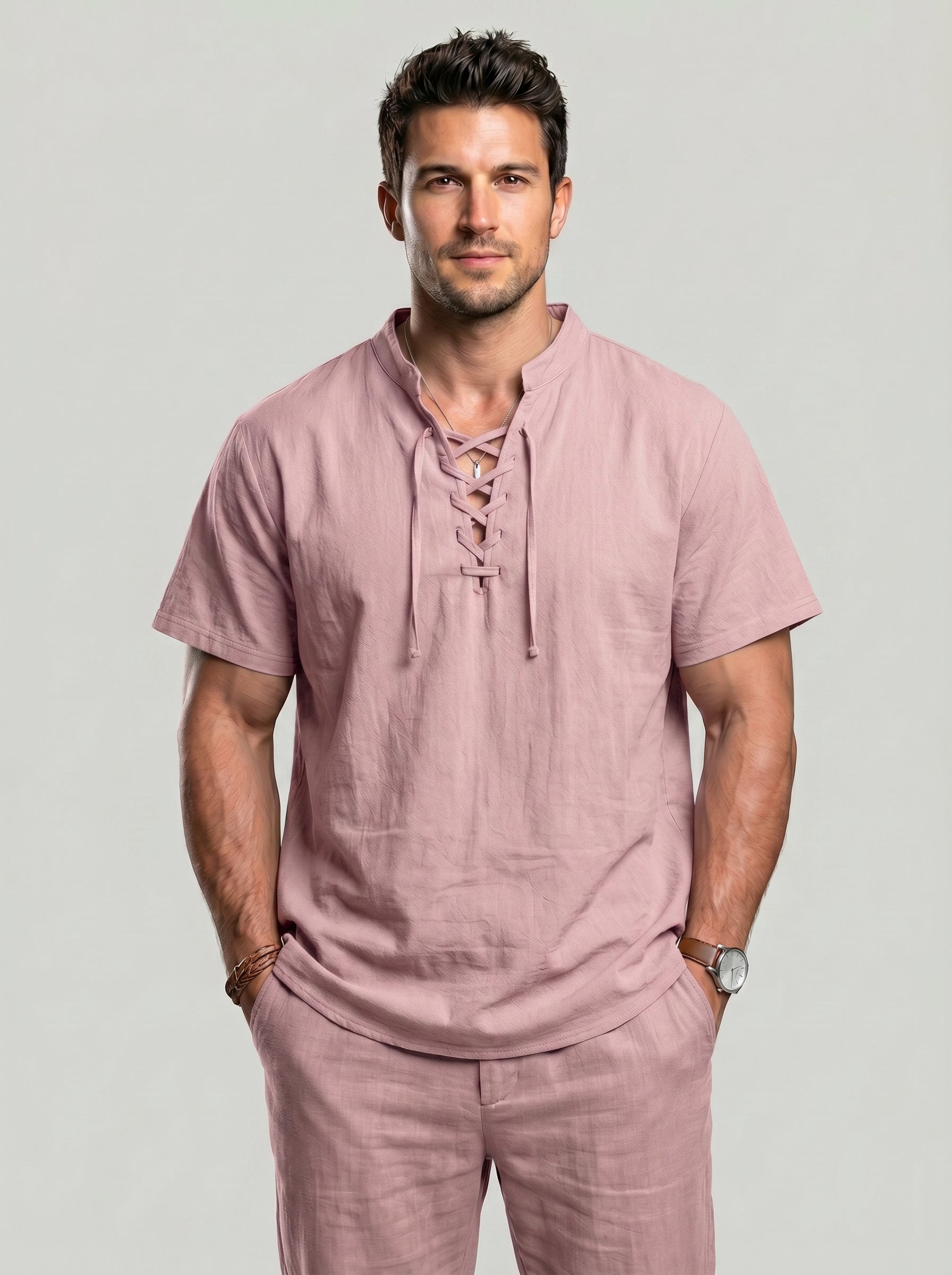KZZ Men's summer linen stand-up collar short-sleeved shirt