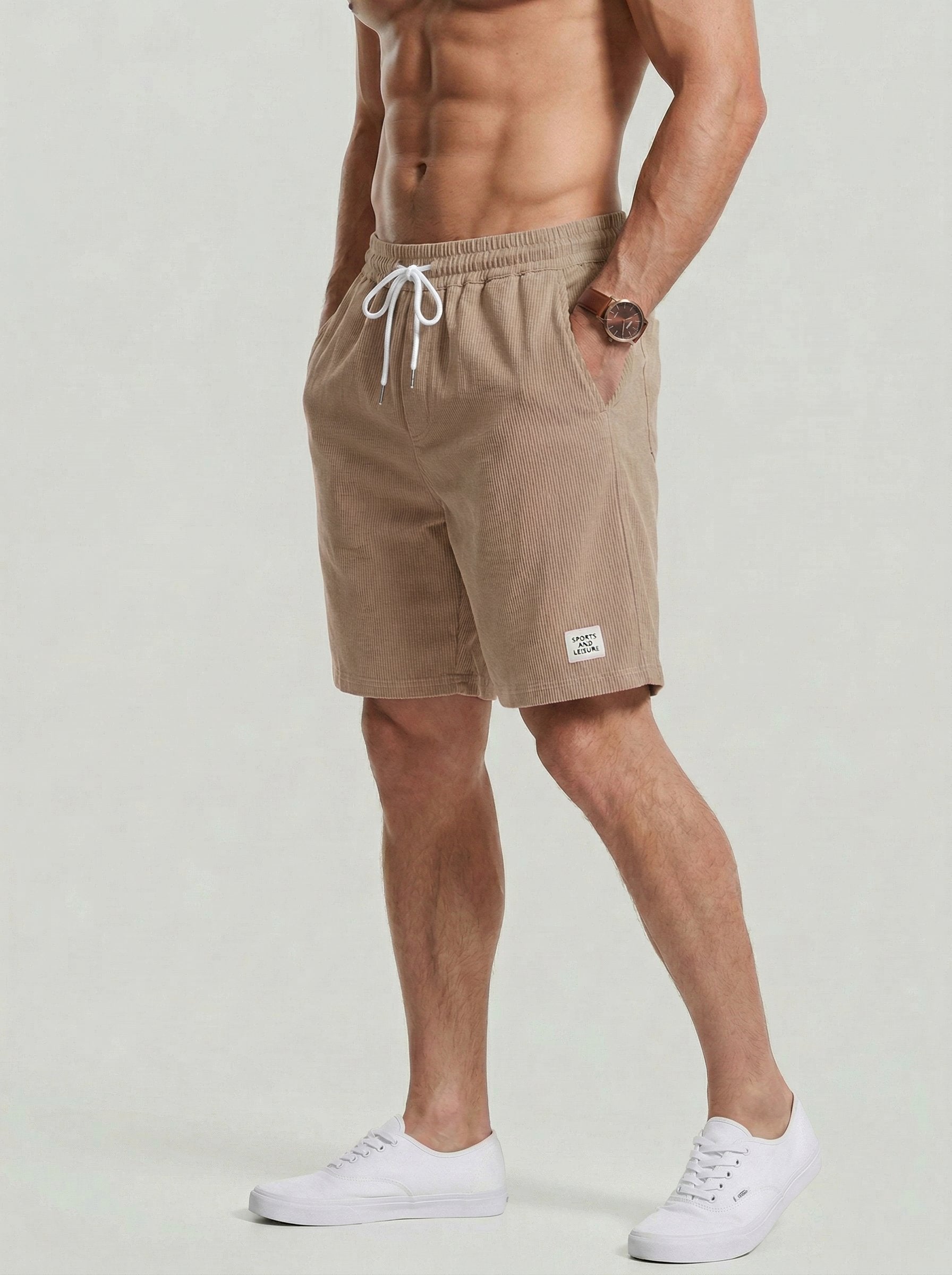 KZZ Men's Solid Patched Drawstring Waist Shorts
