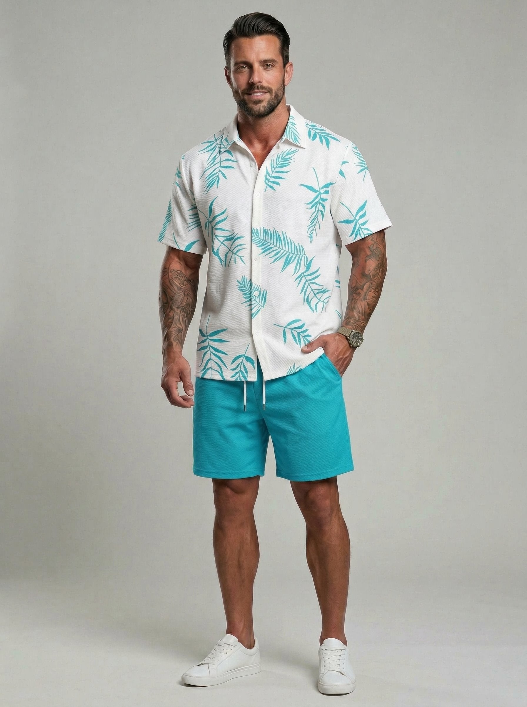 KZZ Men's Leaf Print Drawstring Waist Loose Shorts Set