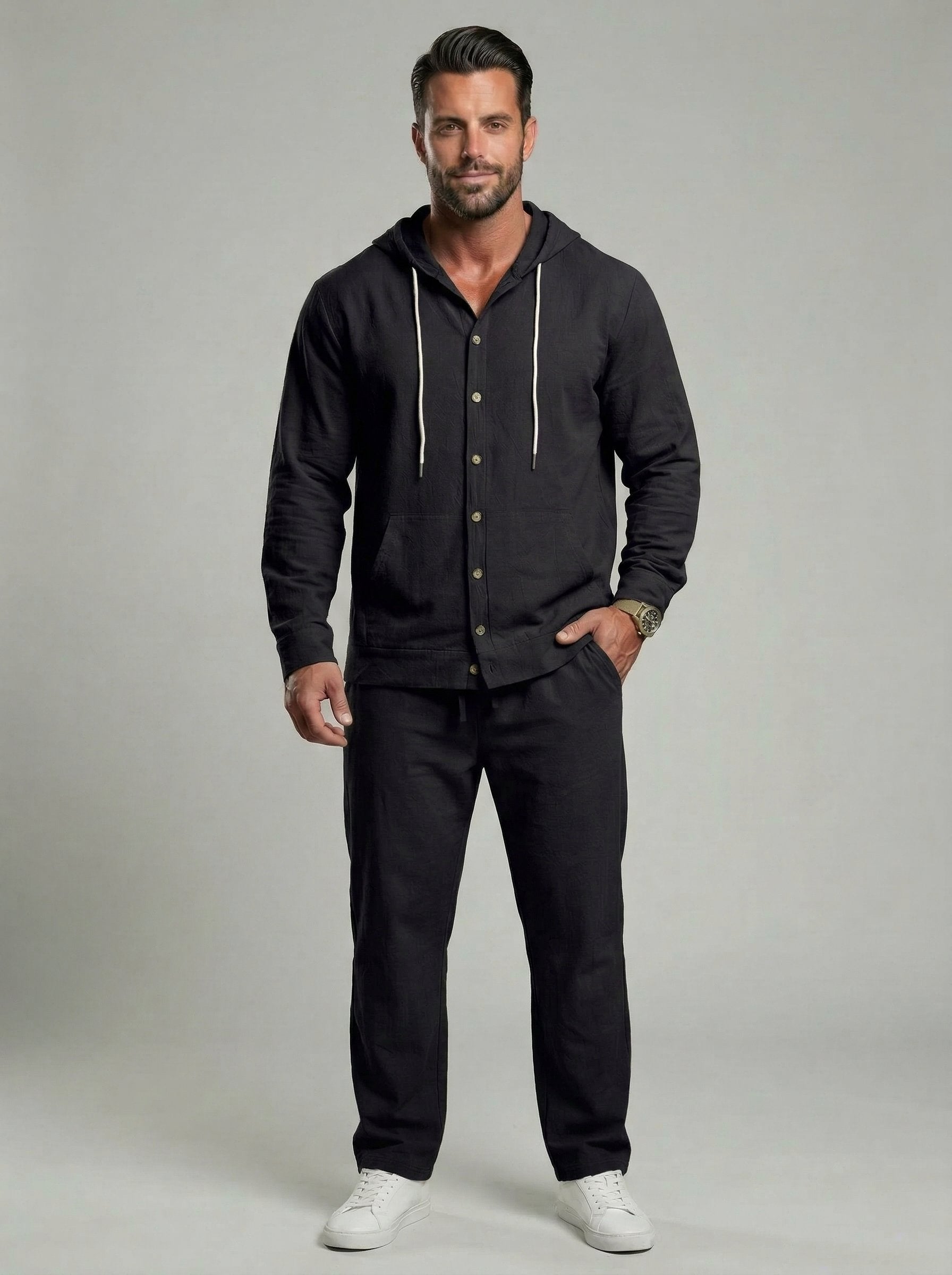 KZZ Men's Solid Button Down Shirt & Pants Linen Set
