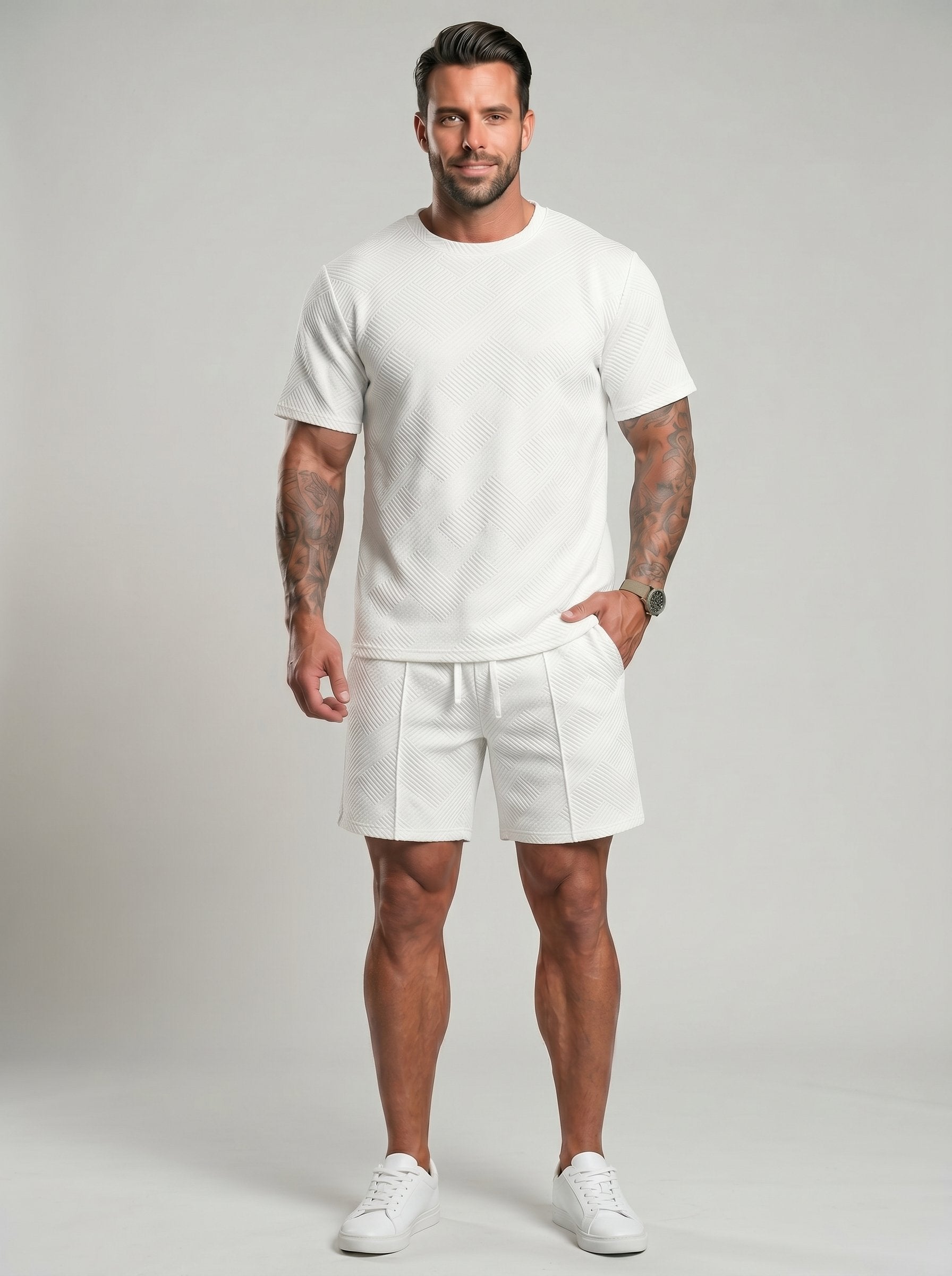 KZZ Men's Solid-Color Polo Shirt and Drawstring Shorts Set