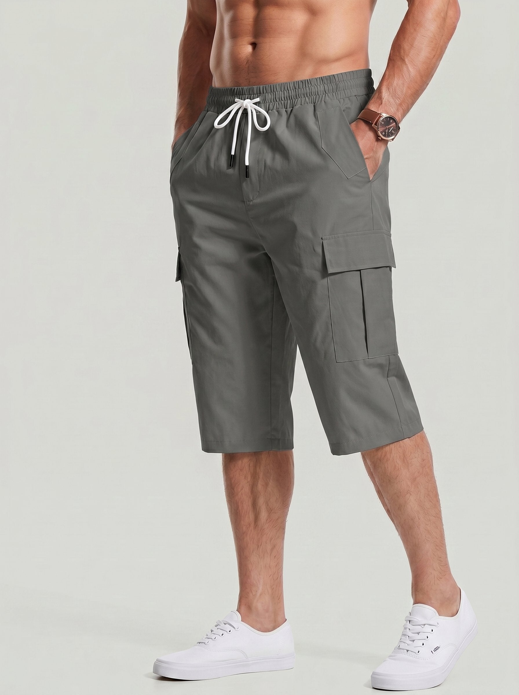 KZZ Men's Solid-Color Cargo Shorts with Flap Pockets