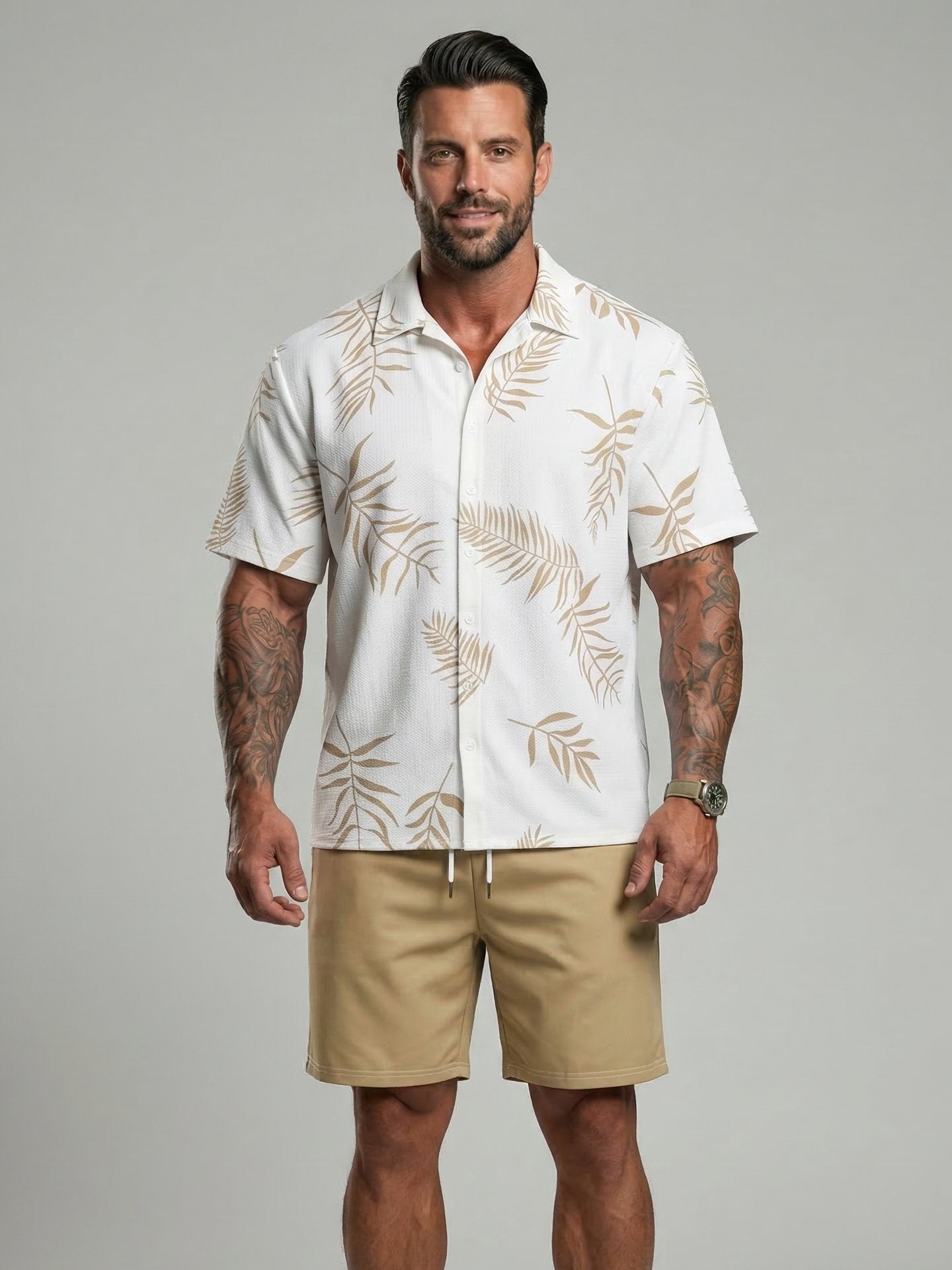 KZZ Men's Leaf Print Drawstring Waist Loose Shorts Set