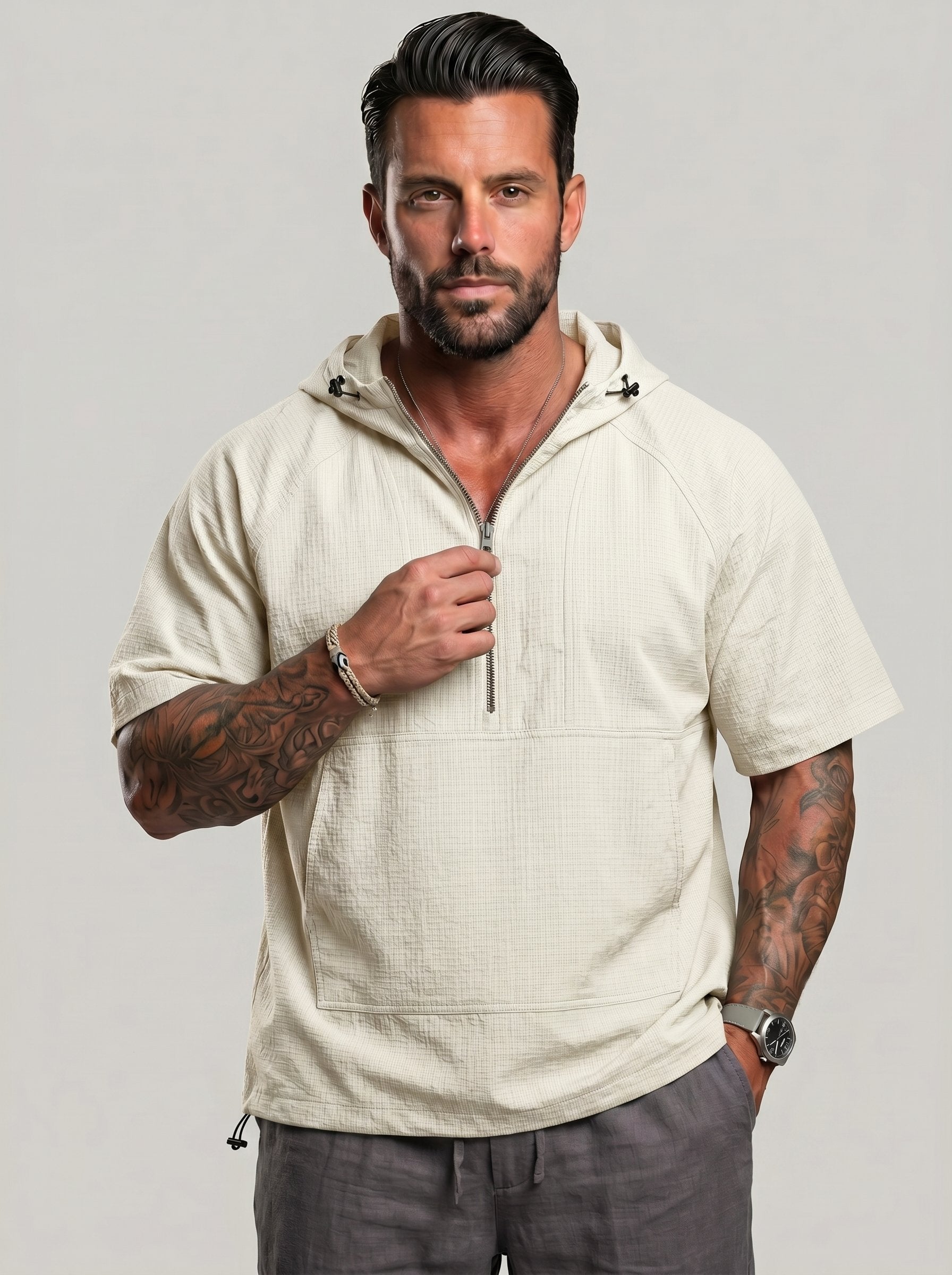 KZZ Trendy Half-Zip Short-Sleeve Top