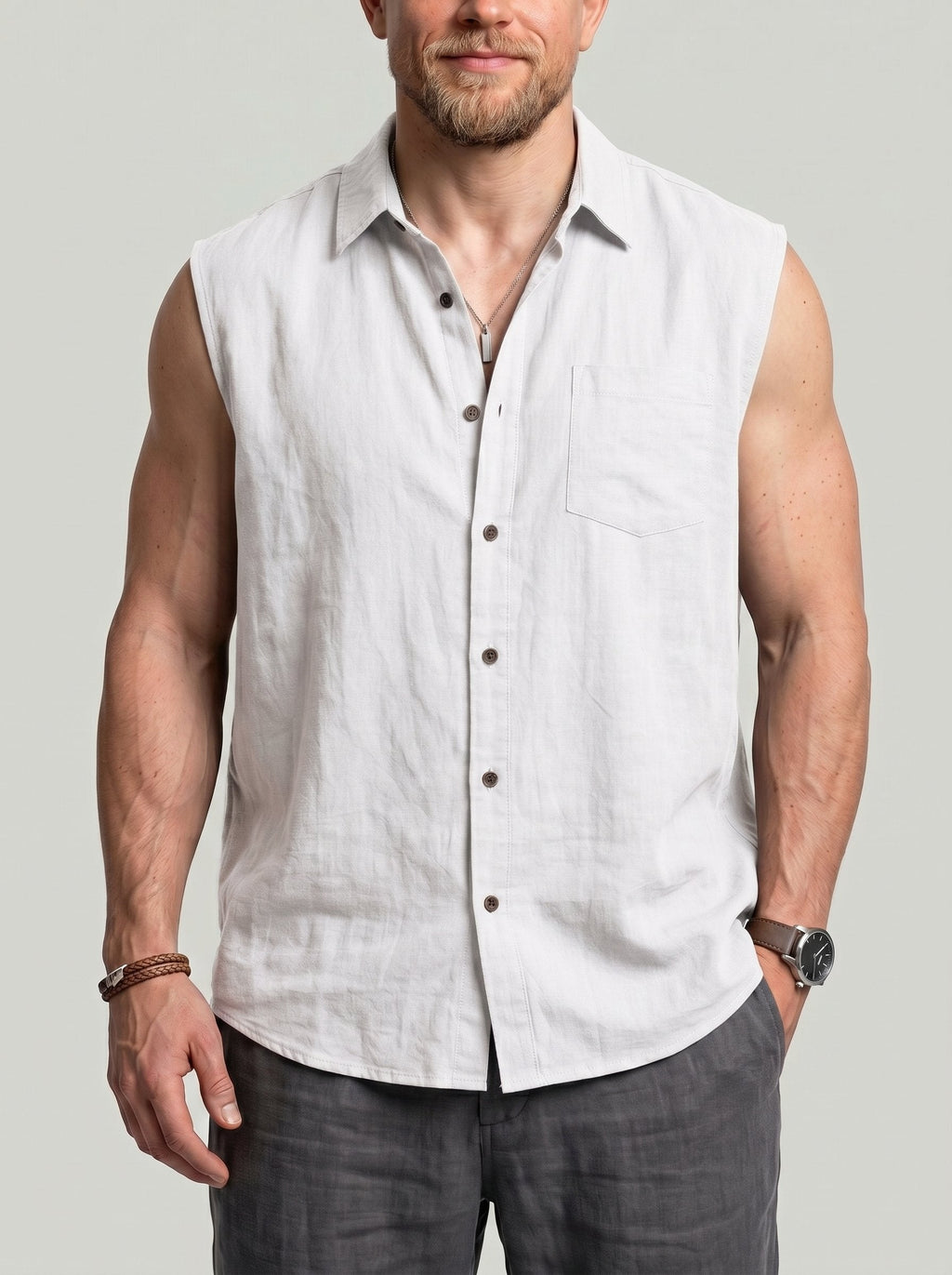 KZZ Men's Solid-Color Loose-Fit Linen Sleeveless Vest