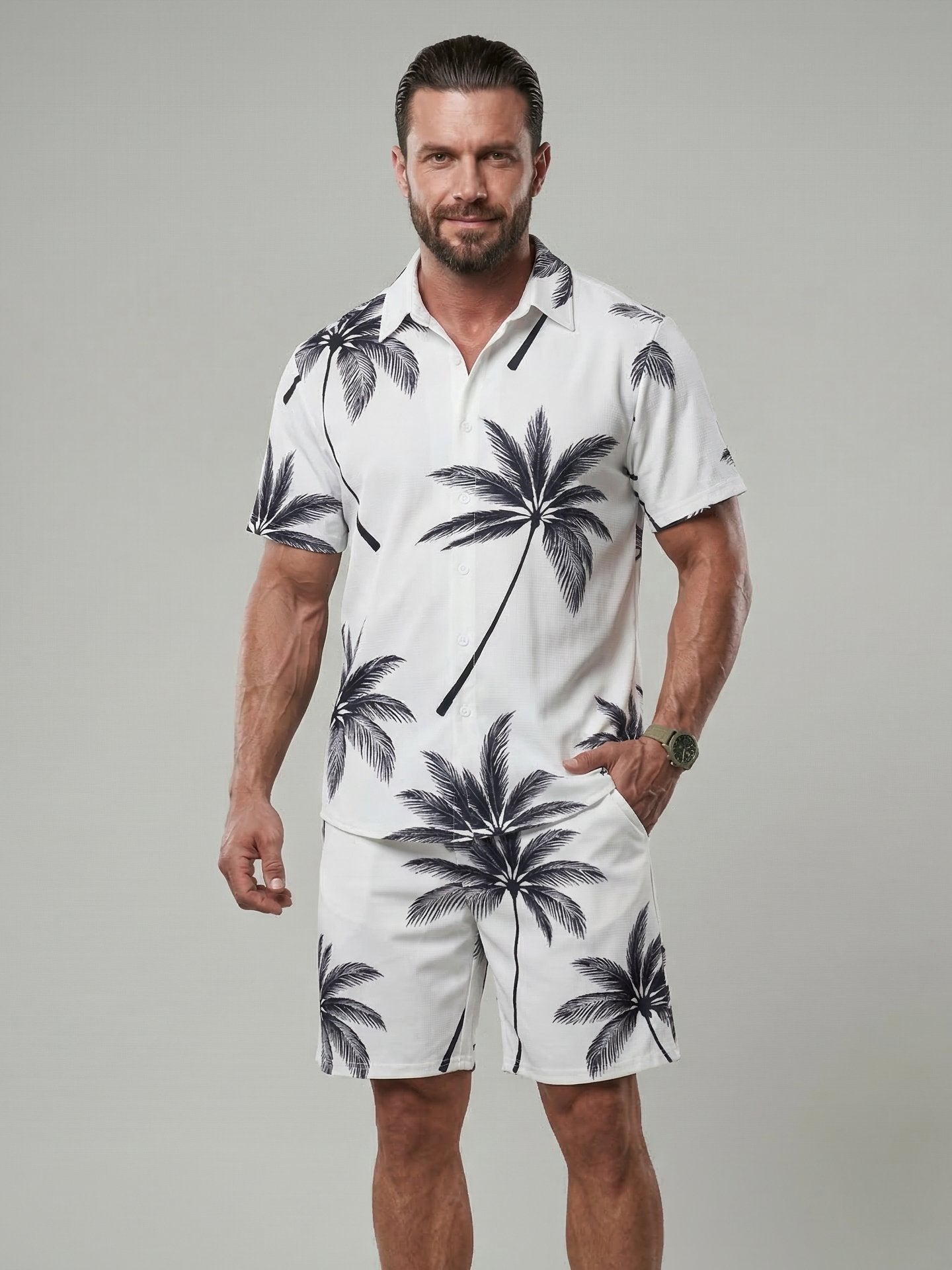 KZZ Men's Tropical Palm Tree Print Outdoor Casual Set