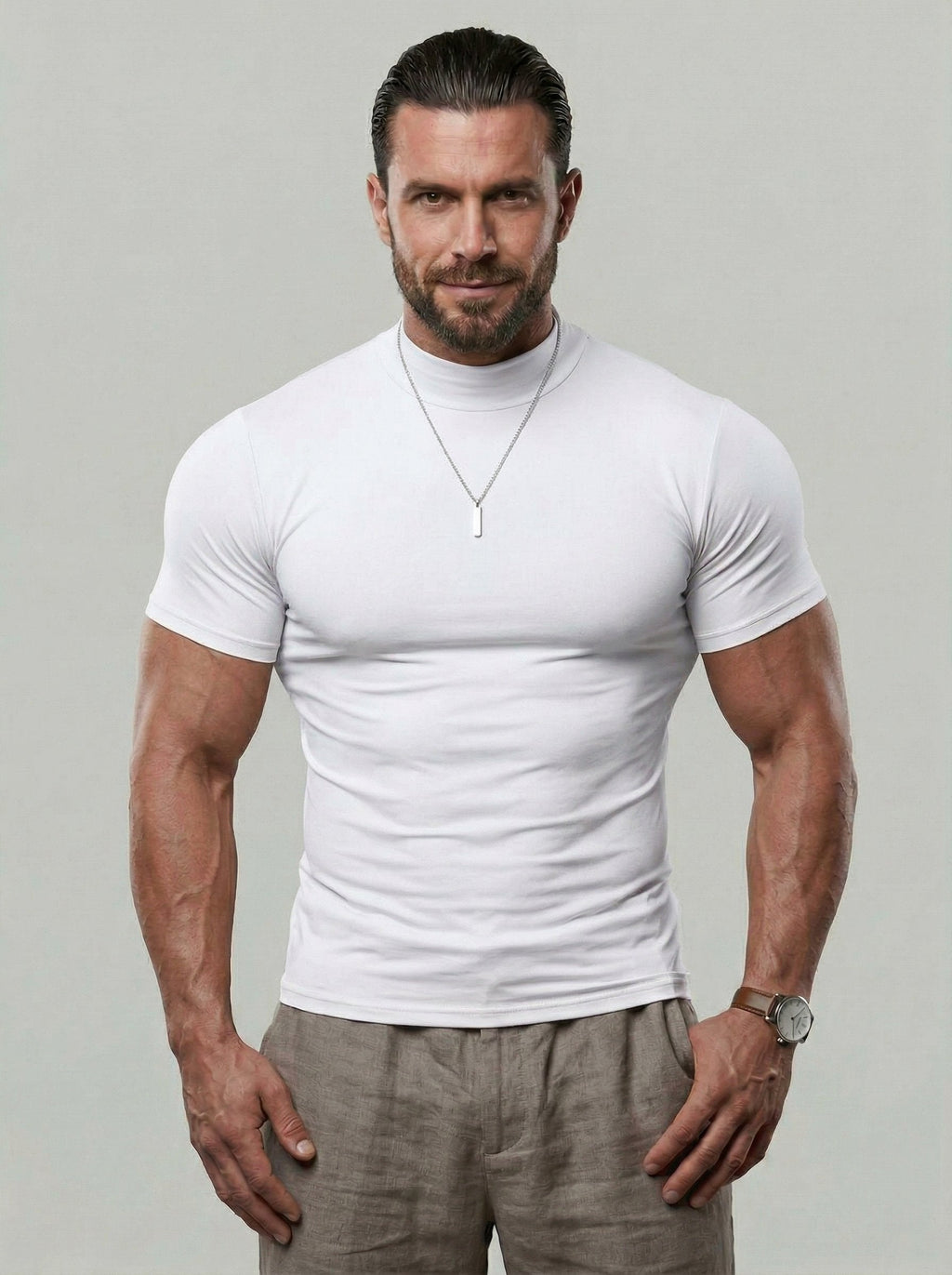 KZZ  Solid Color High Neck Tight-Fitting Short Sleeve T-Shirt