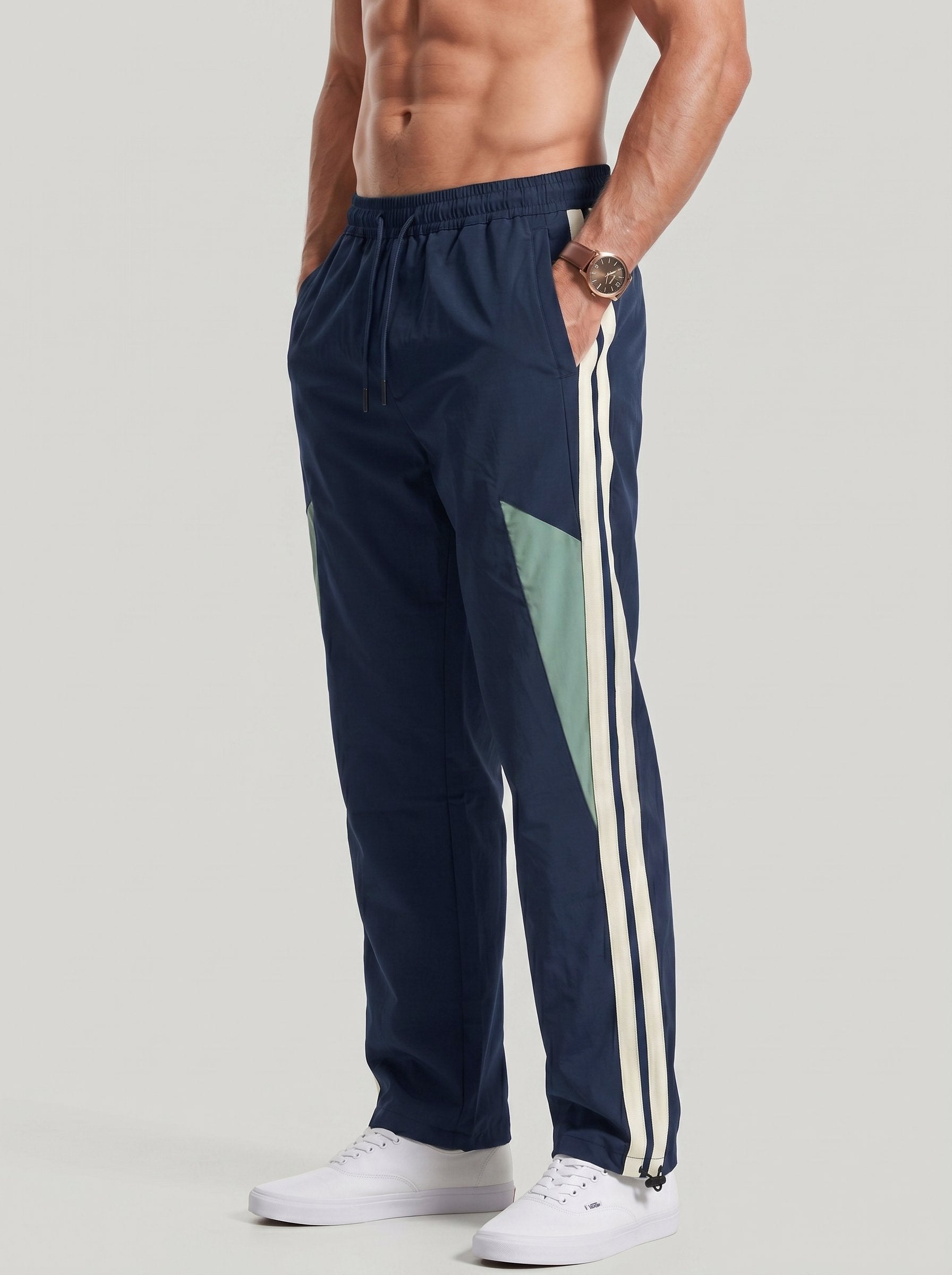 KZZ Men's Color-Block Printed Wide-Leg Pants with Drawstring Waist