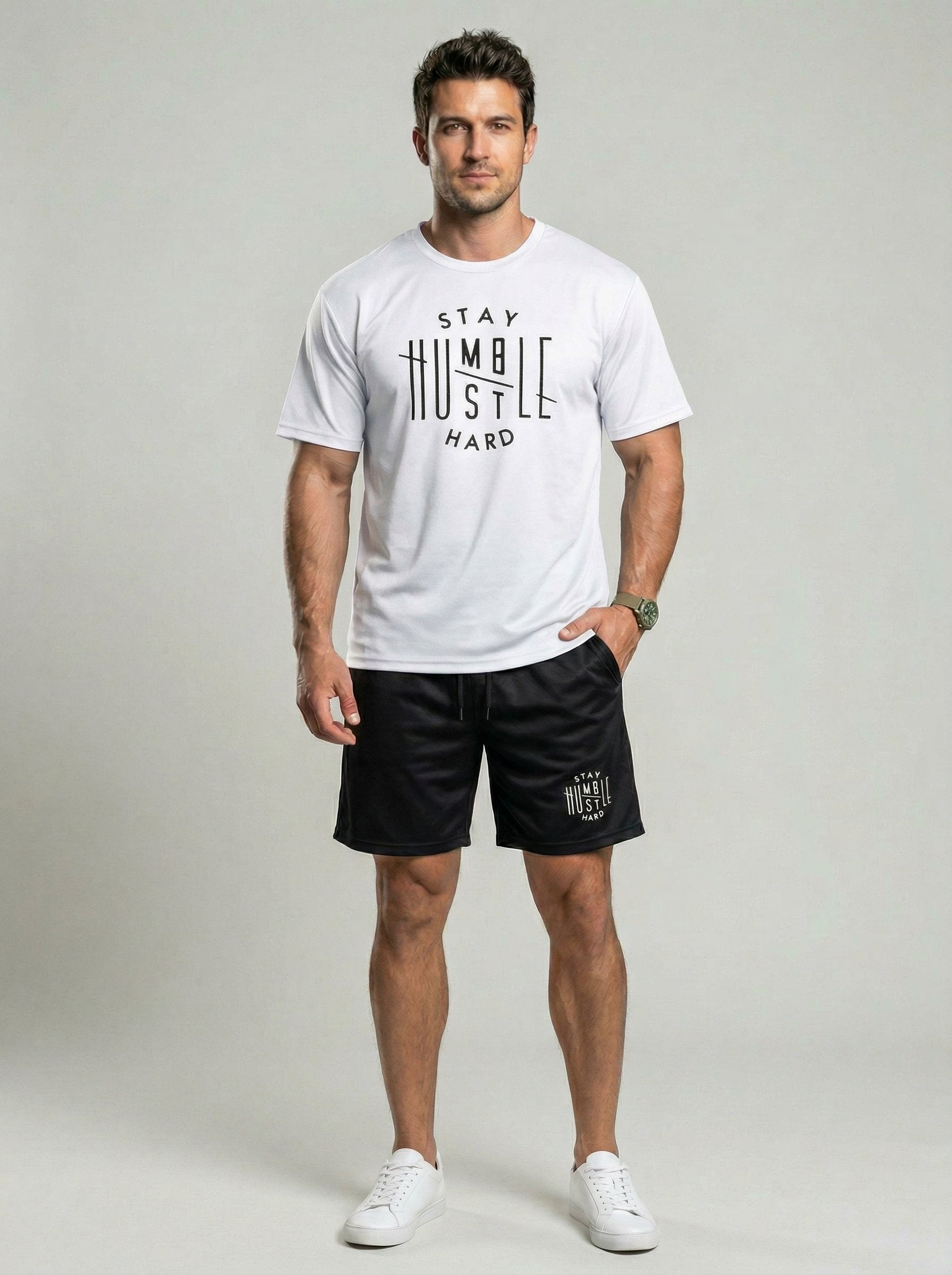 KZZ Men's  Letter Print Round Neck Shortsleeve Tee & Drawstring Waist Shorts Set