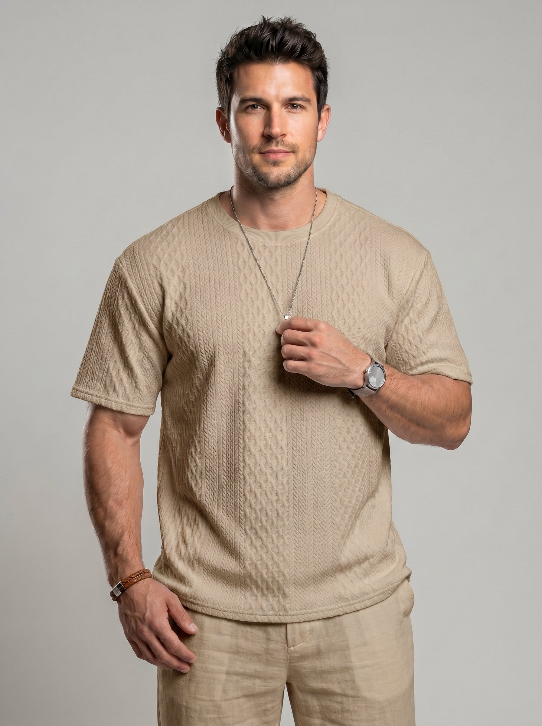 KZZ Men's Spring/Summer Solid-Color Short-Sleeve T-Shirt with Textured Fabric