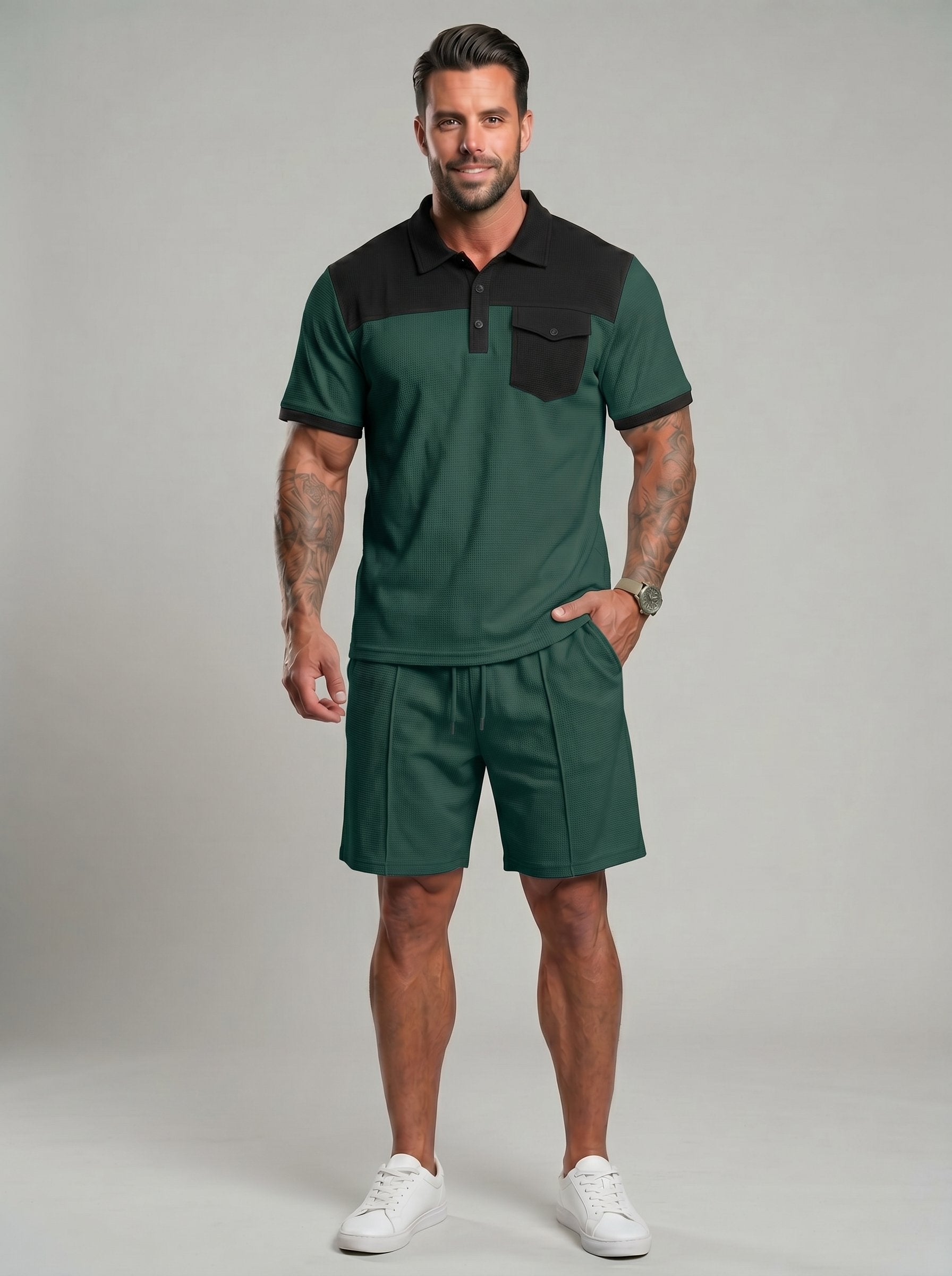 KZZ Men's Solid-Color Half-Zip Polo Shirt & Shorts Two-Piece Set
