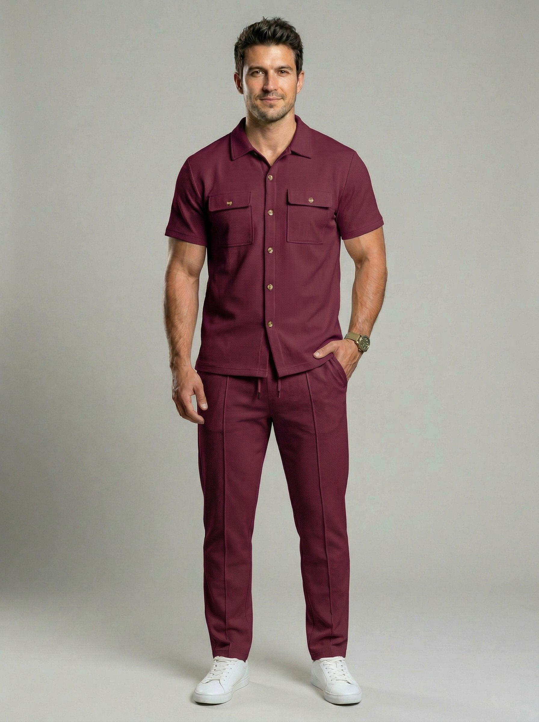 KZZ Solid-Color Button-Down Shirt and Trousers Set