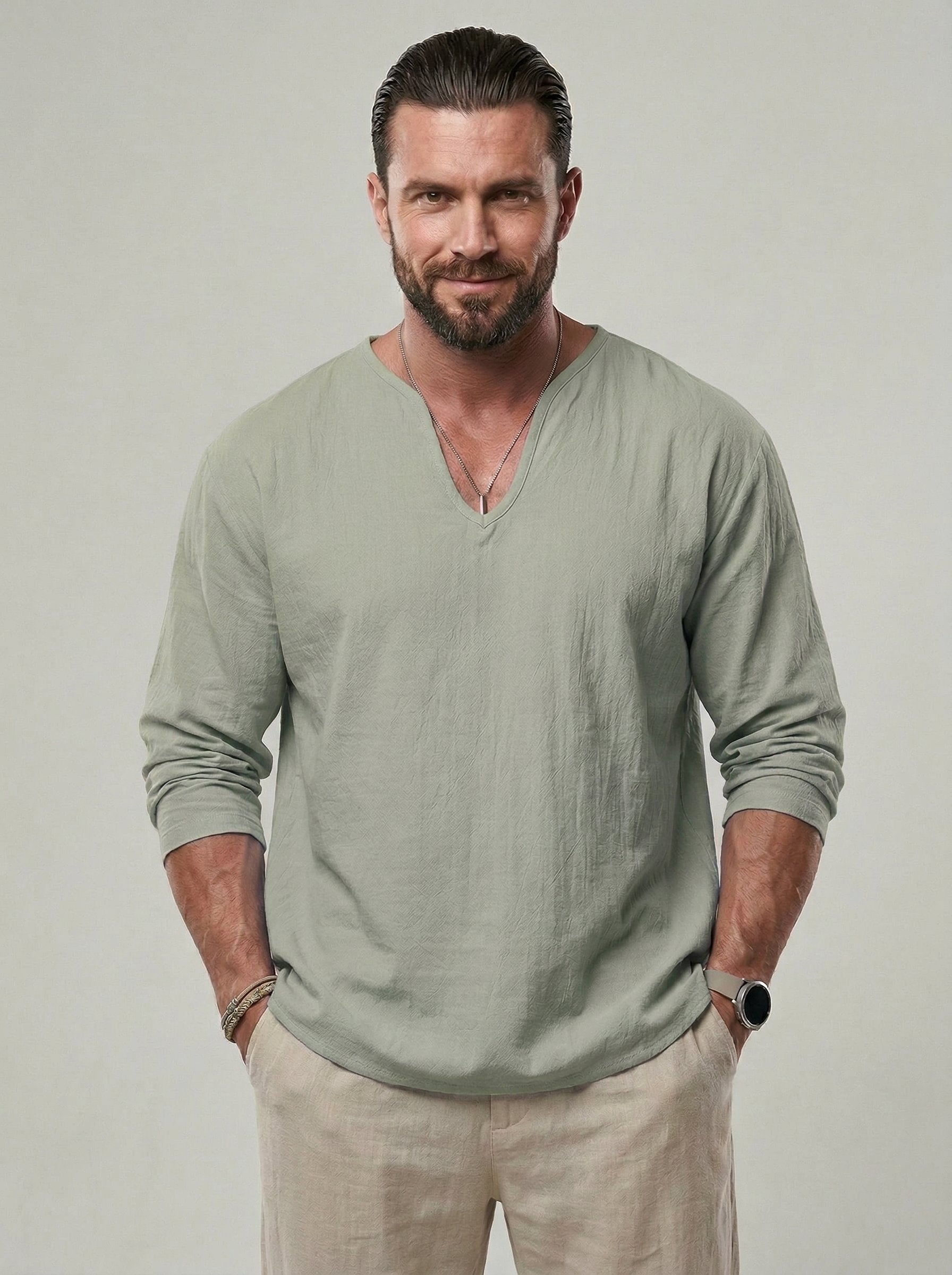 KZZ Men's V Neck Linen Shirt Casual Loose Fit Long Sleeve Top