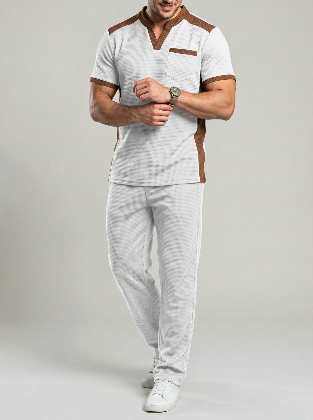 KZZ Men's Business Casual Color-Block Waffle-Knit V-Neck Short-Sleeve Shirt and Trousers Set