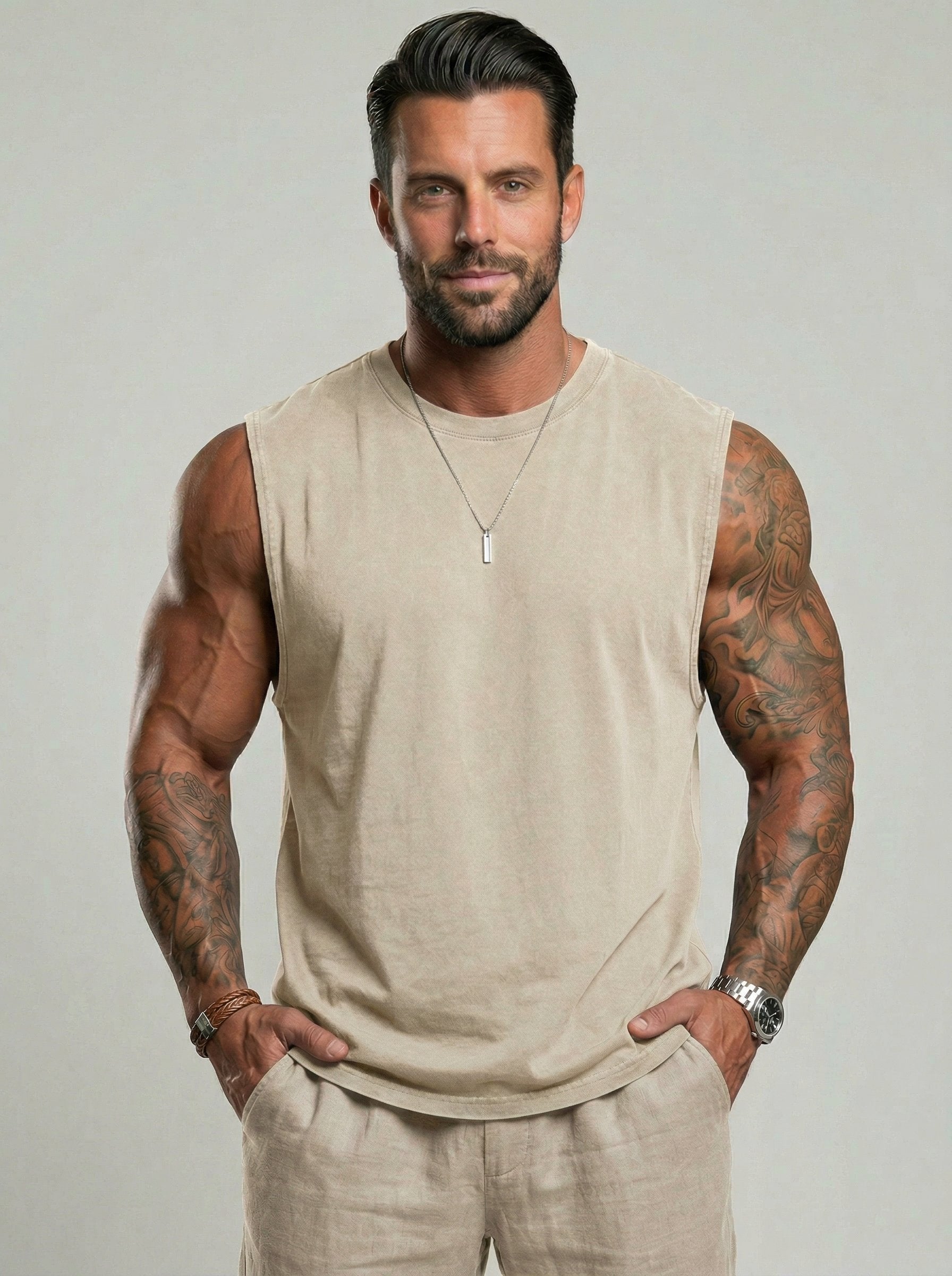 KZZ Men's Washed Sleeveless Fitted Casual Plain Vest
