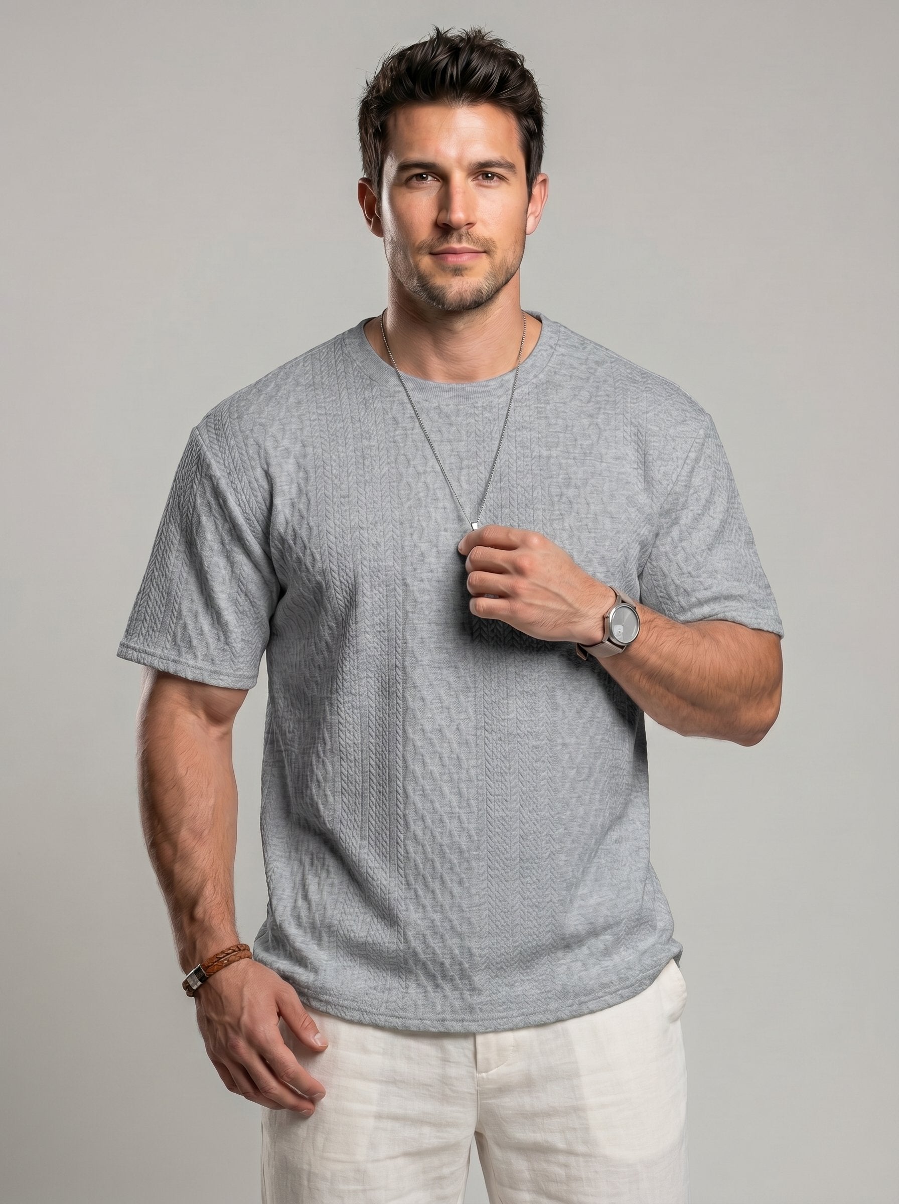KZZ Men's Spring/Summer Solid-Color Short-Sleeve T-Shirt with Textured Fabric