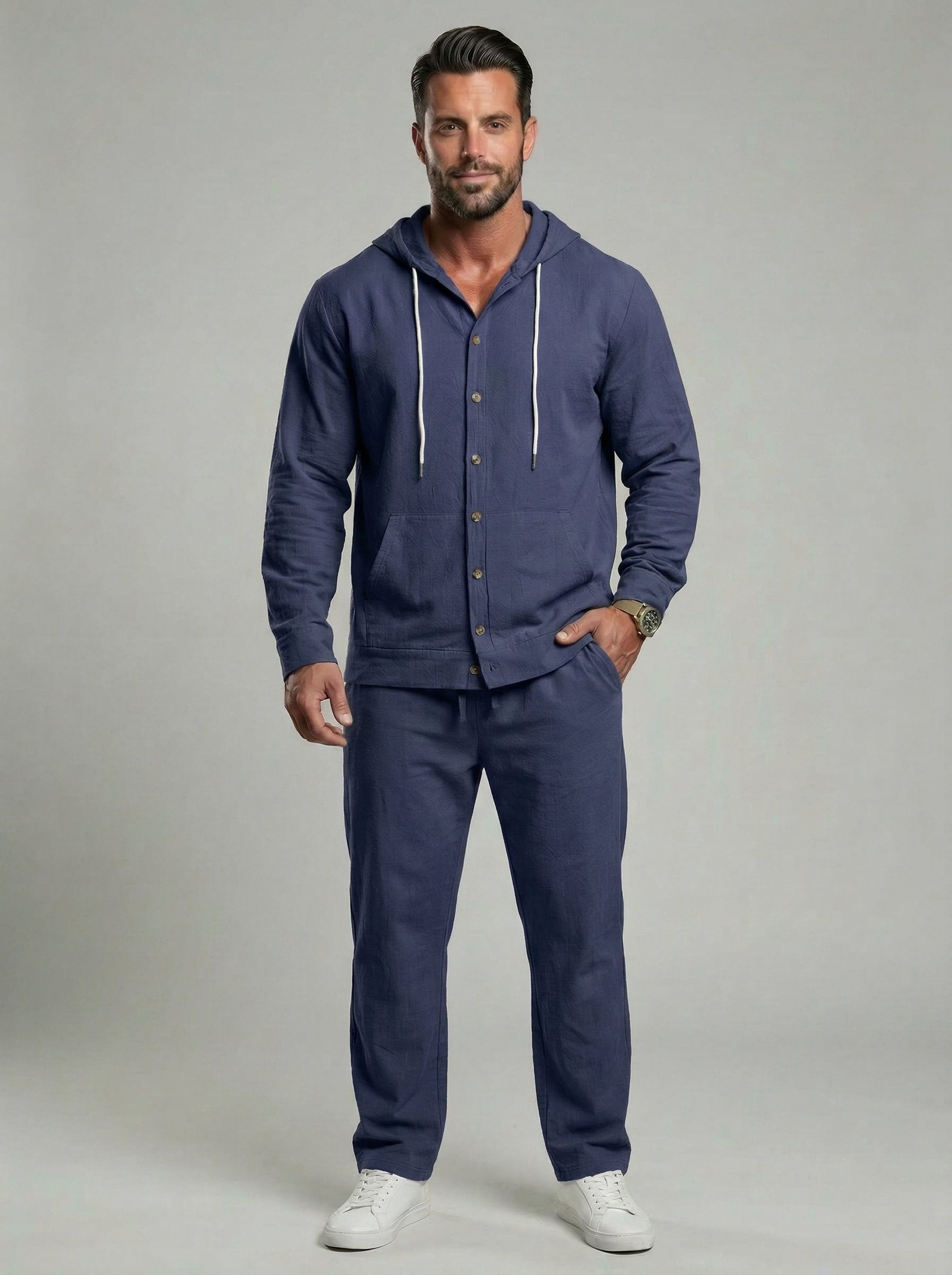 KZZ Men's Solid Button Down Shirt & Pants Linen Set