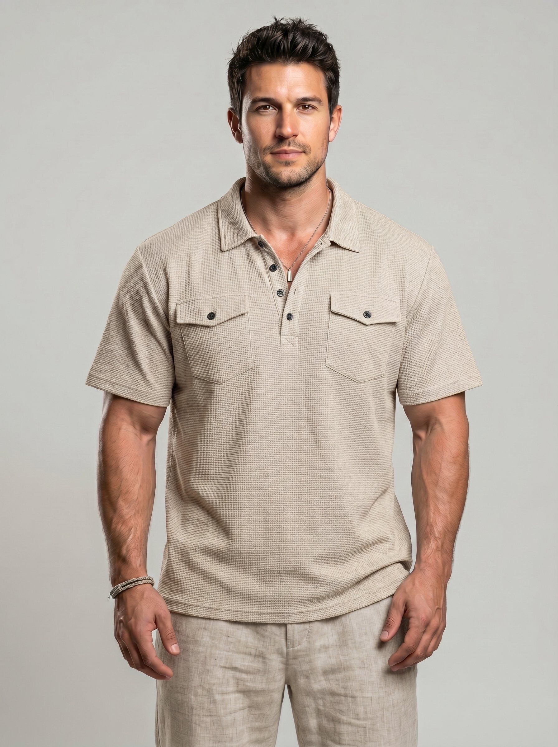 KZZ Men's Business-Casual Athletic-Style Waffle-Knit Solid-Color Short-Sleeve Polo Shirt