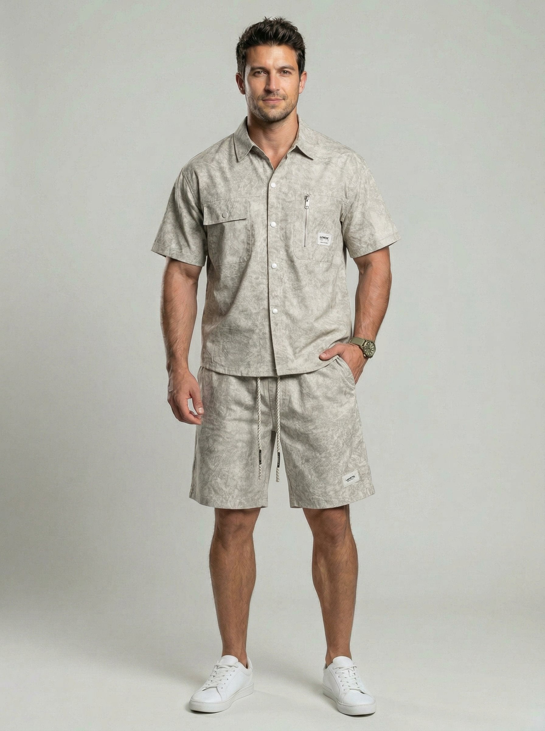 KZZ Men's American Retro Slim Fit Tie-Dye Workwear Short-Sleeve Set